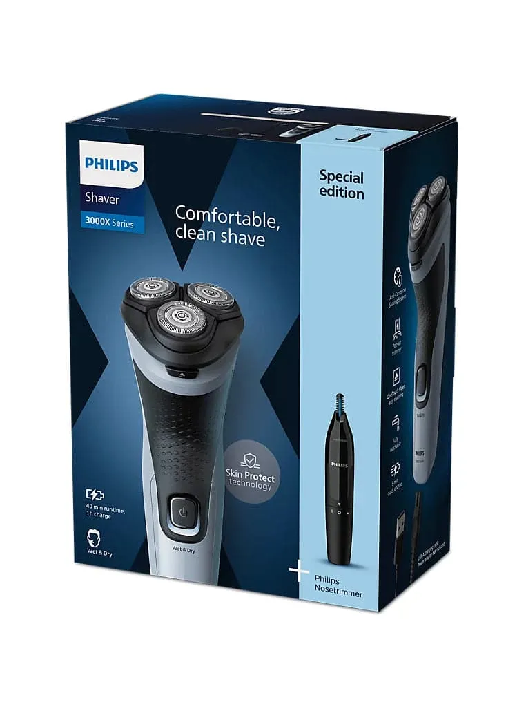 Philips Electric Shaver Series 3000X - Wet & Dry Electric Shaver for Men in Celestial Blue, with SkinProtect Technology, Pop-up Beard Trimmer, Ergonomic Men's Shaver (Model X3053/00)