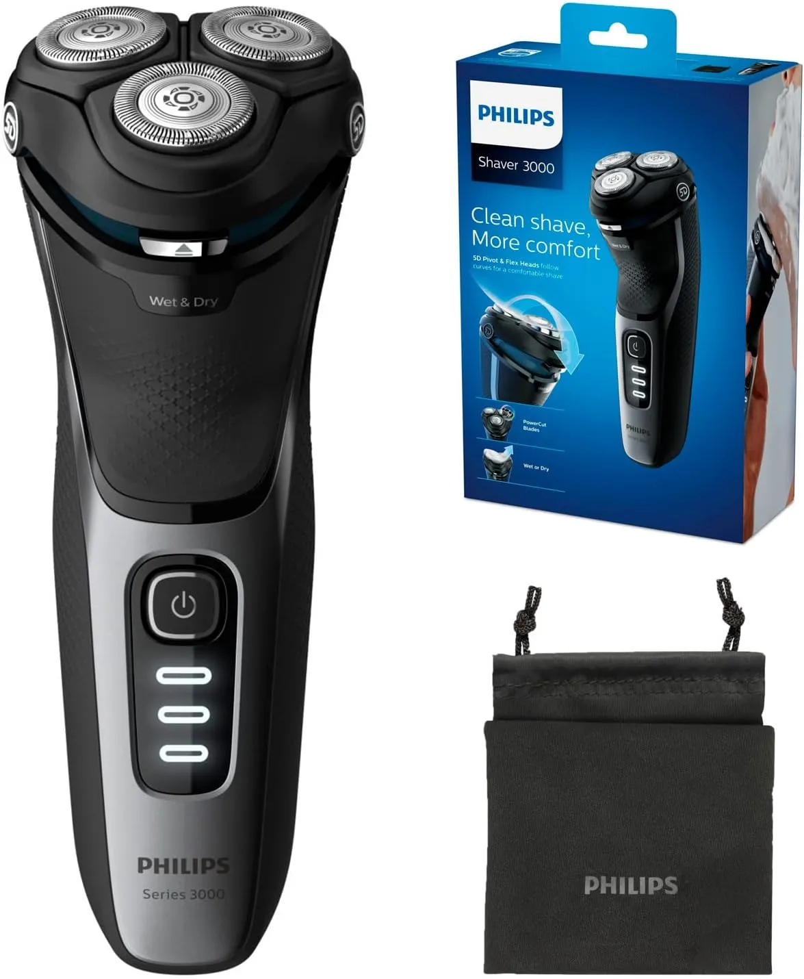 Philips Series 3000 Wet or Dry Men\'s Electric Shaver with a 5D Pivot & Flex Heads, Shiny Blue