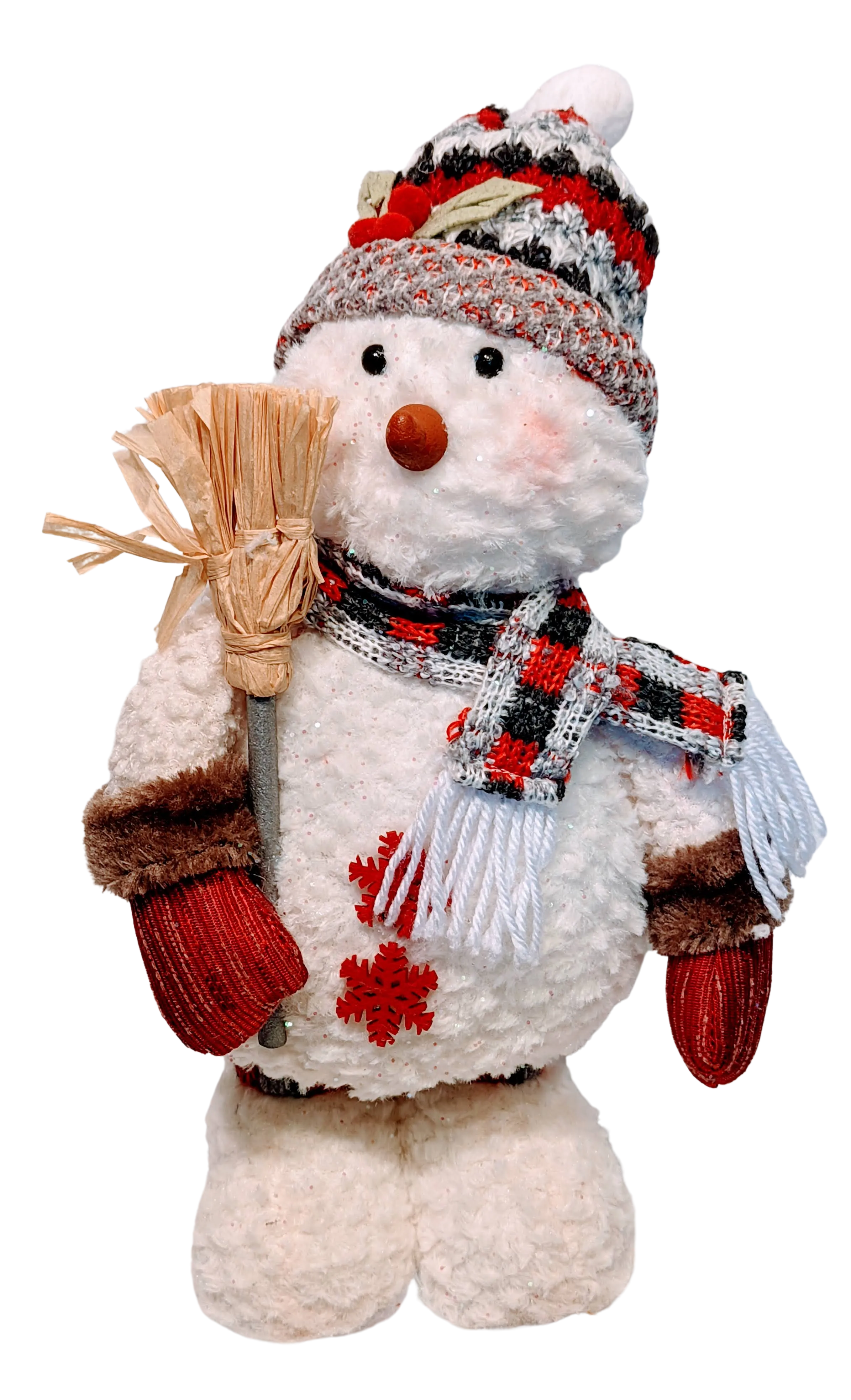 Plush Snowman with Winter Hat & Scarf Holding Broom, Shovel or Skis