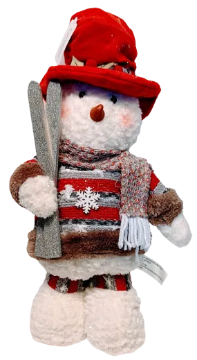 Plush Snowman with Winter Hat & Scarf Holding Broom, Shovel or Skis