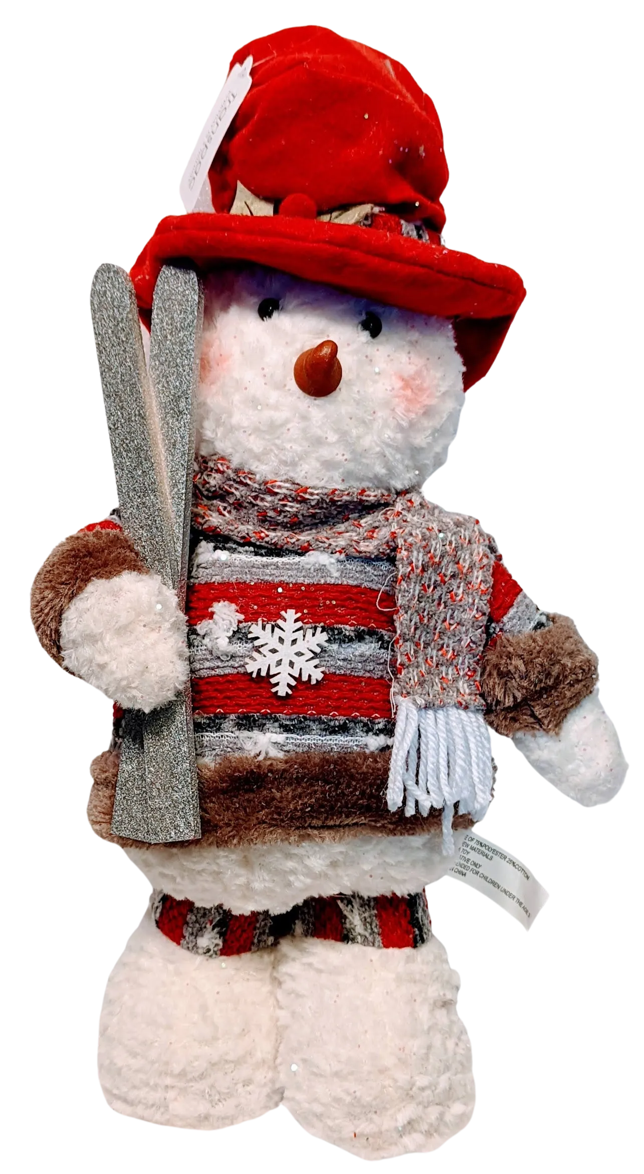 Plush Snowman with Winter Hat & Scarf Holding Broom, Shovel or Skis