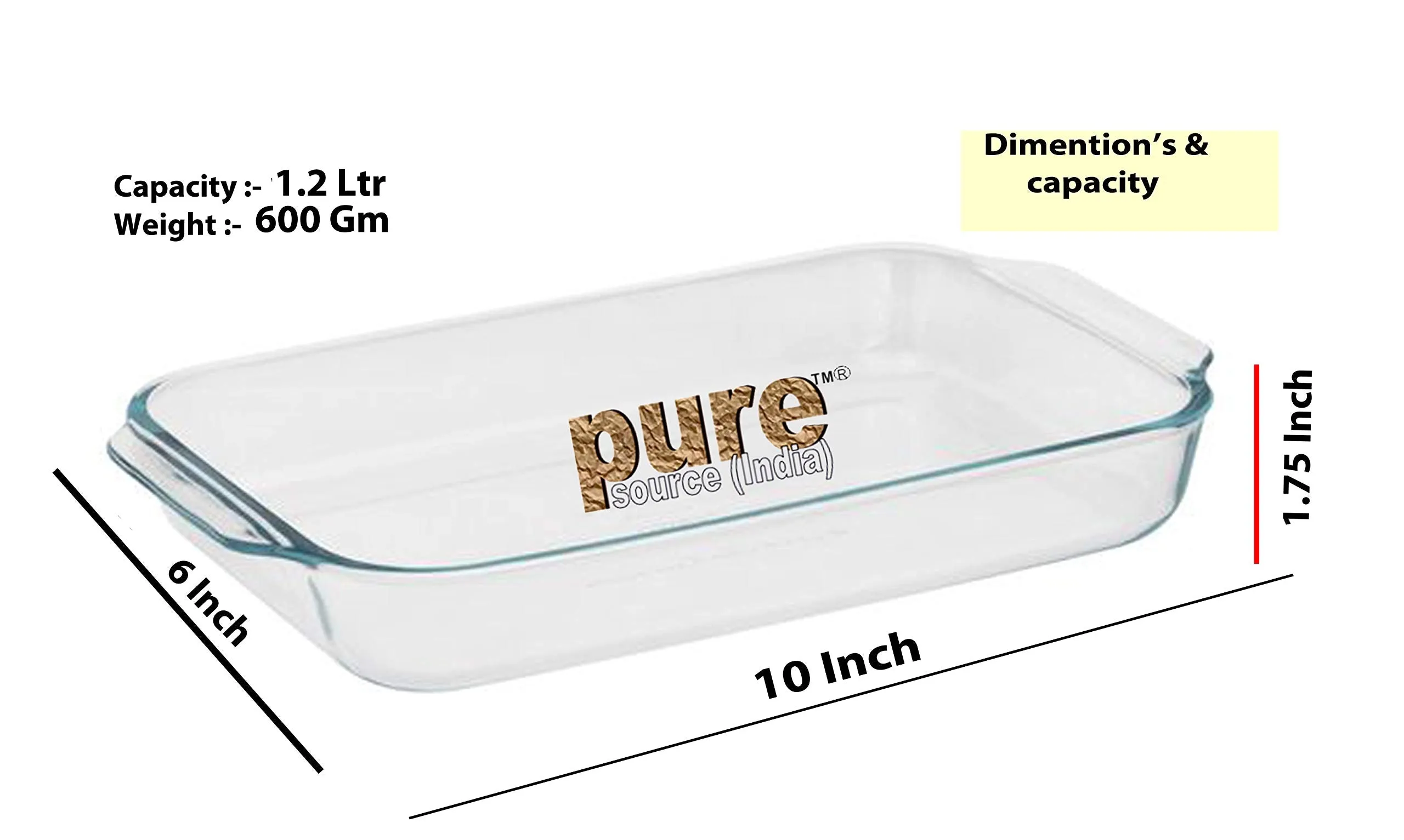 Pure Source India Baking Glass Tray 1.2 Ltr, Small Size, 1 Pcs.