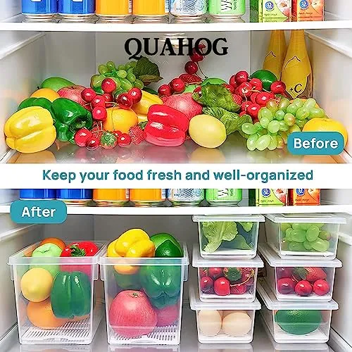 QUAHOG Fridge Storage Boxes (Pack of 6), Fridge Organizer with Removable Drain Plate Tray Keeps Fruits, Vegetables, Meat, Fish Fresh Longer 1500 ML, Polypropylene