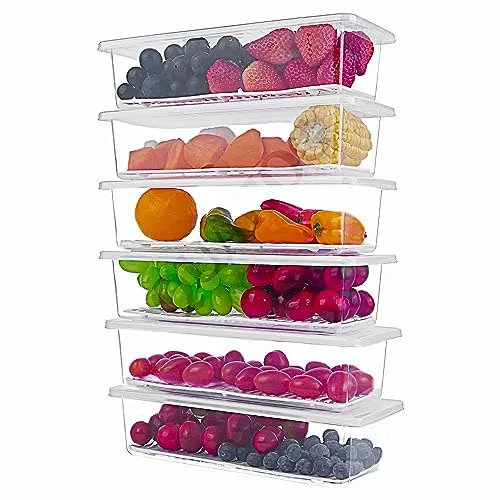 QUAHOG Fridge Storage Boxes (Pack of 6), Fridge Organizer with Removable Drain Plate Tray Keeps Fruits, Vegetables, Meat, Fish Fresh Longer 1500 ML, Polypropylene