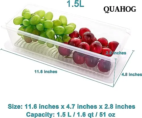 QUAHOG Fridge Storage Boxes (Pack of 6), Fridge Organizer with Removable Drain Plate Tray Keeps Fruits, Vegetables, Meat, Fish Fresh Longer 1500 ML, Polypropylene