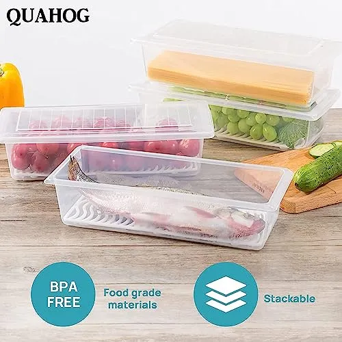 QUAHOG Fridge Storage Boxes (Pack of 6), Fridge Organizer with Removable Drain Plate Tray Keeps Fruits, Vegetables, Meat, Fish Fresh Longer 1500 ML, Polypropylene