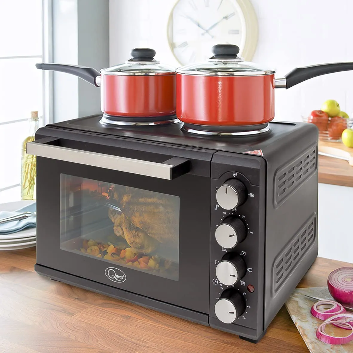 Quest 35379 26L Twin Hob Countertop Rotisserie and Convection Mini Oven/Adjustable Temperature/Accessories Included / 60 Mins Timer & Auto Shut Off with Bell