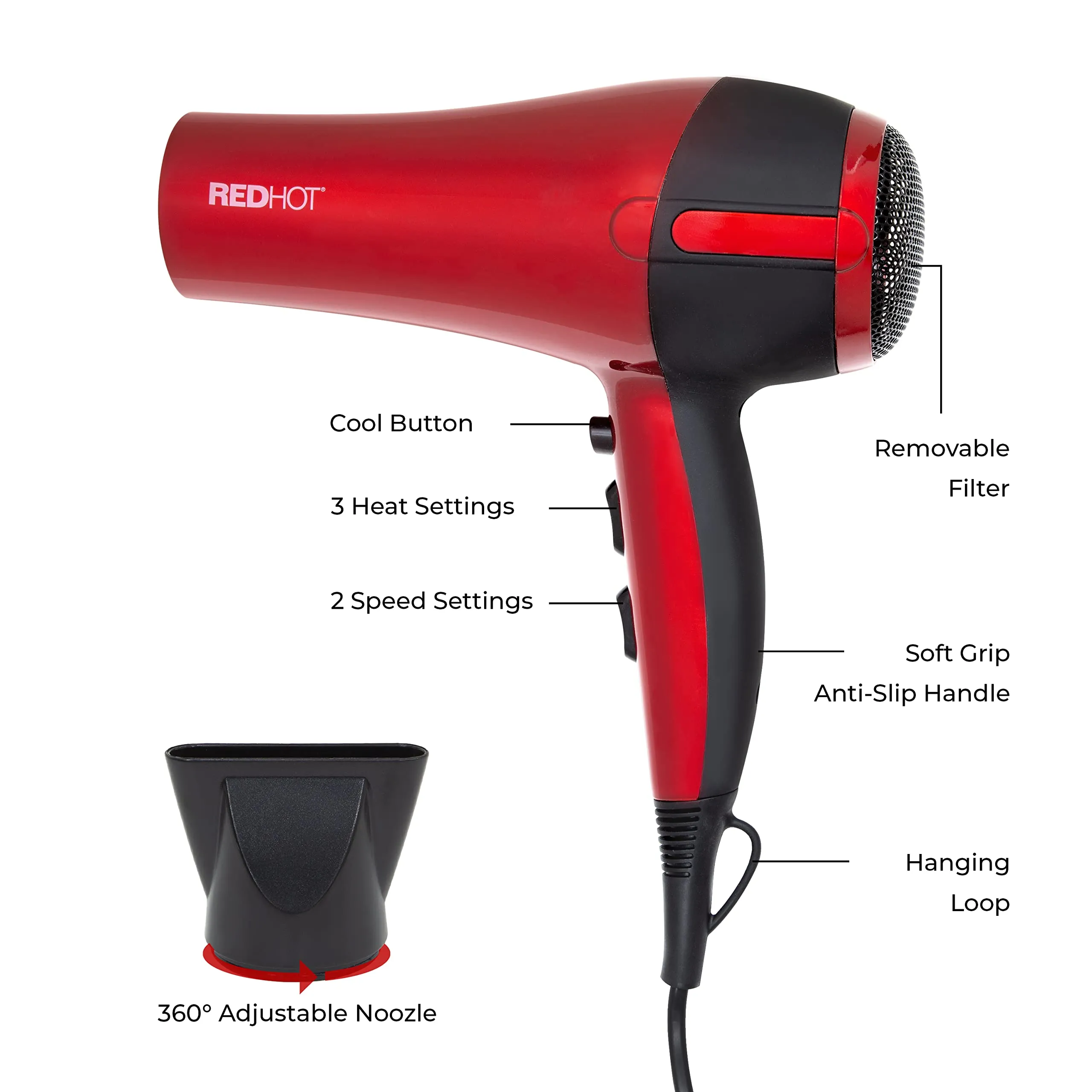 Red Hot 37060 2200W Professional Hair Dryer/Removeable Nozzle / 3 Heat Settings, 2 Speed Settings & Cool Air Mode/Salon Quality/Red Coloured