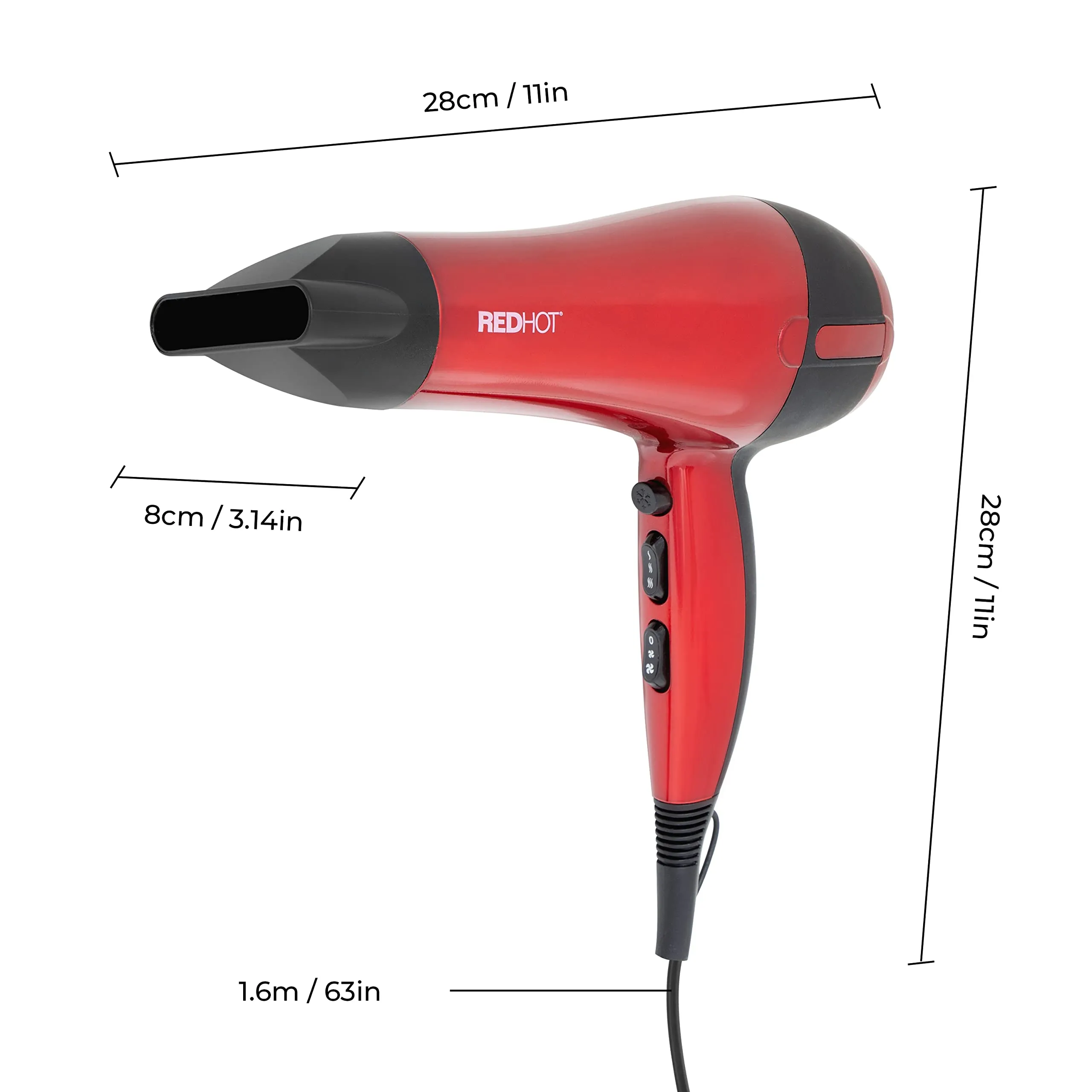 Red Hot 37060 2200W Professional Hair Dryer/Removeable Nozzle / 3 Heat Settings, 2 Speed Settings & Cool Air Mode/Salon Quality/Red Coloured