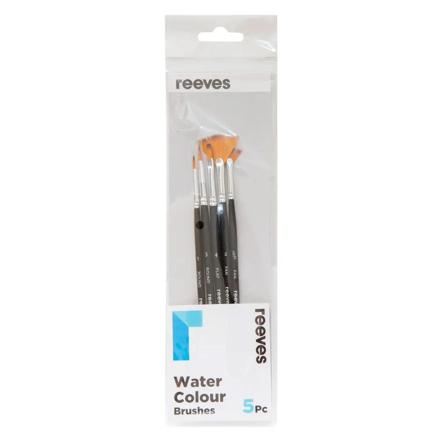 Reeves Water Colour Brushes Short Handle Set of 5 - No. 1 & 3 Round; No. 4 Flat; No. 0/2 & 2 Fan