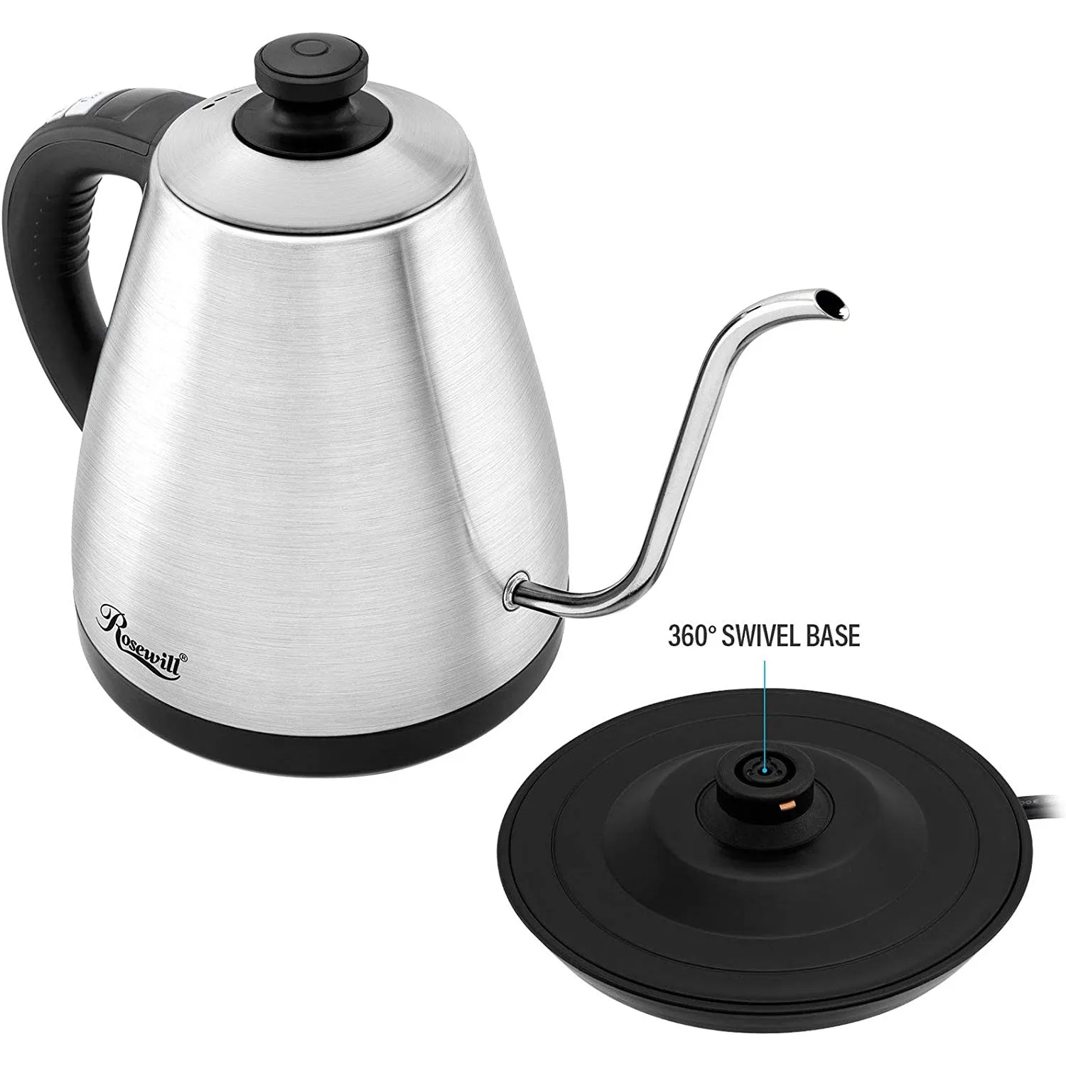 Rosewill Pour-Over Electric Gooseneck Kettle, 1L, Kettle for Coffee and Tea, LED Display, Temperature Settings, Auto Shut-Off, Keep Warm, Rapid Boiling, Stainless Steel - (RHKT-17002)