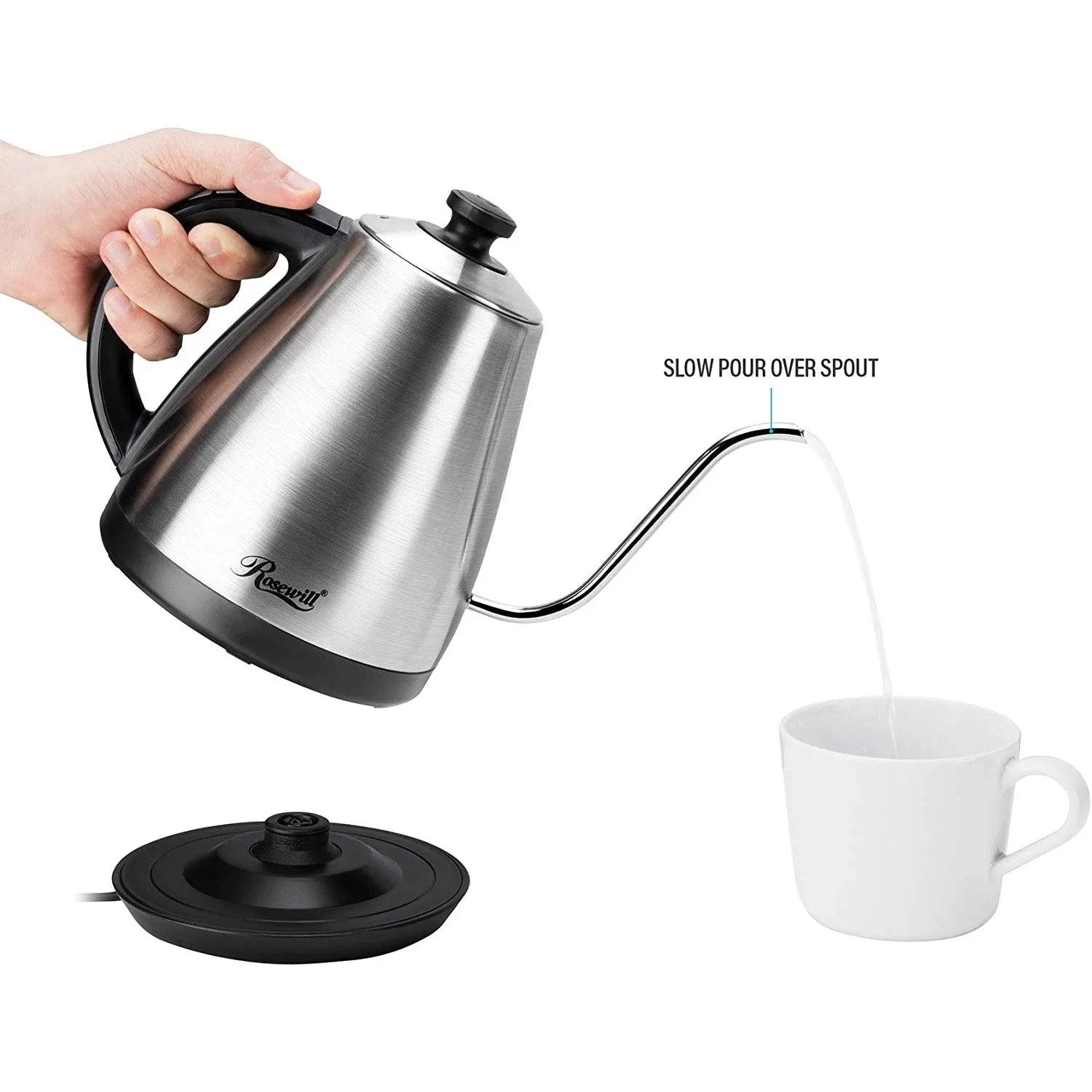 Rosewill Pour-Over Electric Gooseneck Kettle, 1L, Kettle for Coffee and Tea, LED Display, Temperature Settings, Auto Shut-Off, Keep Warm, Rapid Boiling, Stainless Steel - (RHKT-17002)