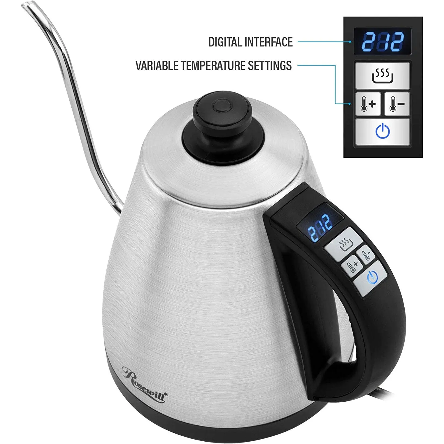 Rosewill Pour-Over Electric Gooseneck Kettle, 1L, Kettle for Coffee and Tea, LED Display, Temperature Settings, Auto Shut-Off, Keep Warm, Rapid Boiling, Stainless Steel - (RHKT-17002)