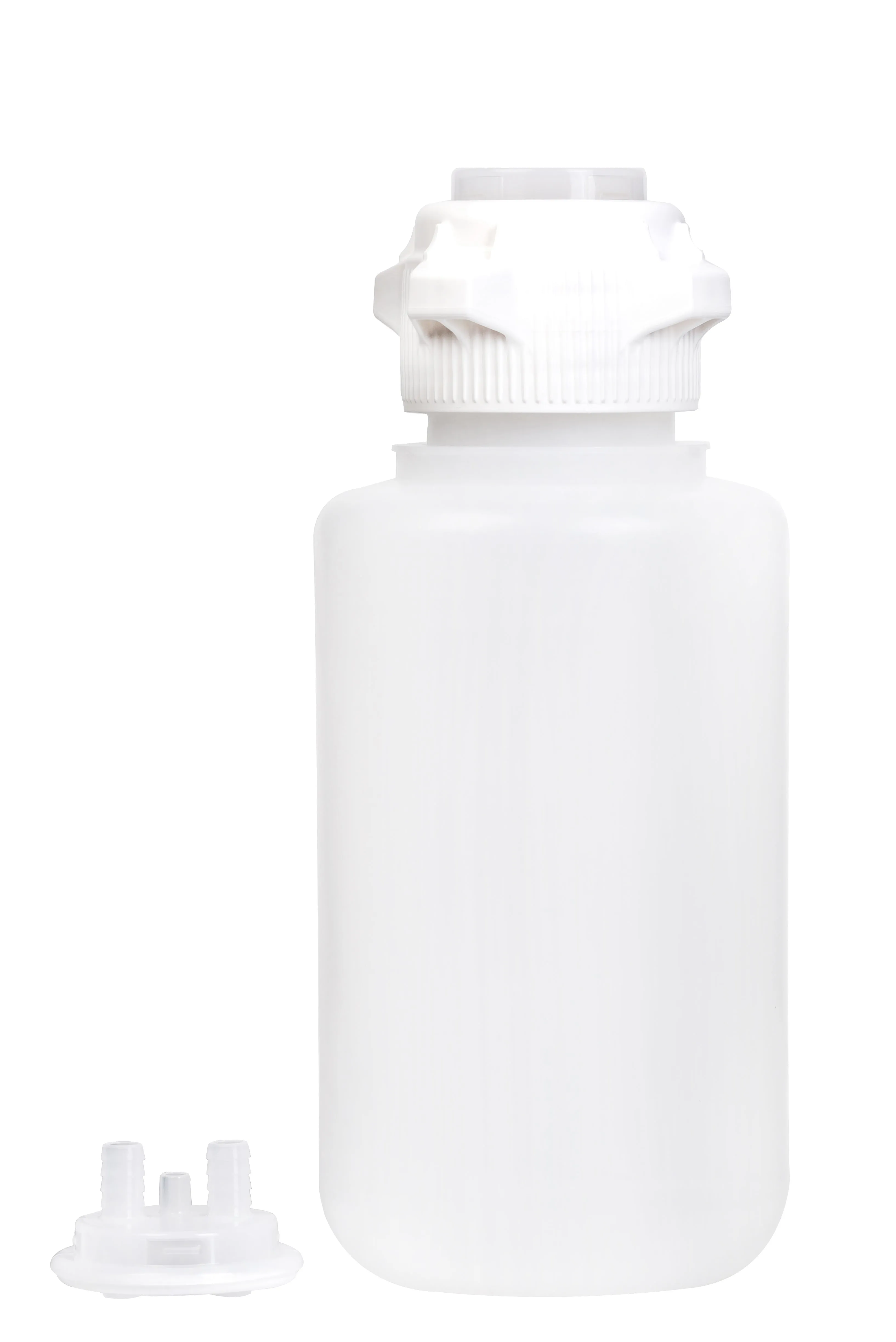 Round EZLabpure™ Polypropylene (PP) Vacuum Bottle, 4 L, Open VersaCap® 83B, With Closed and 2x1/2" HB Adapters, 1/EA