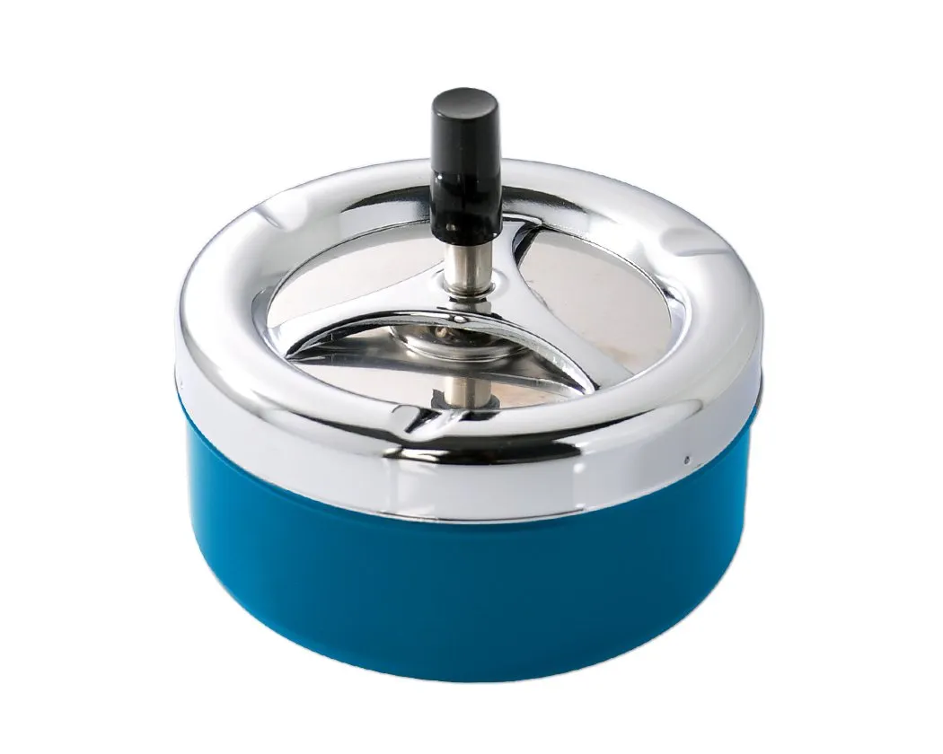 Round Push Down Spinning Metal Ashtray - Blue