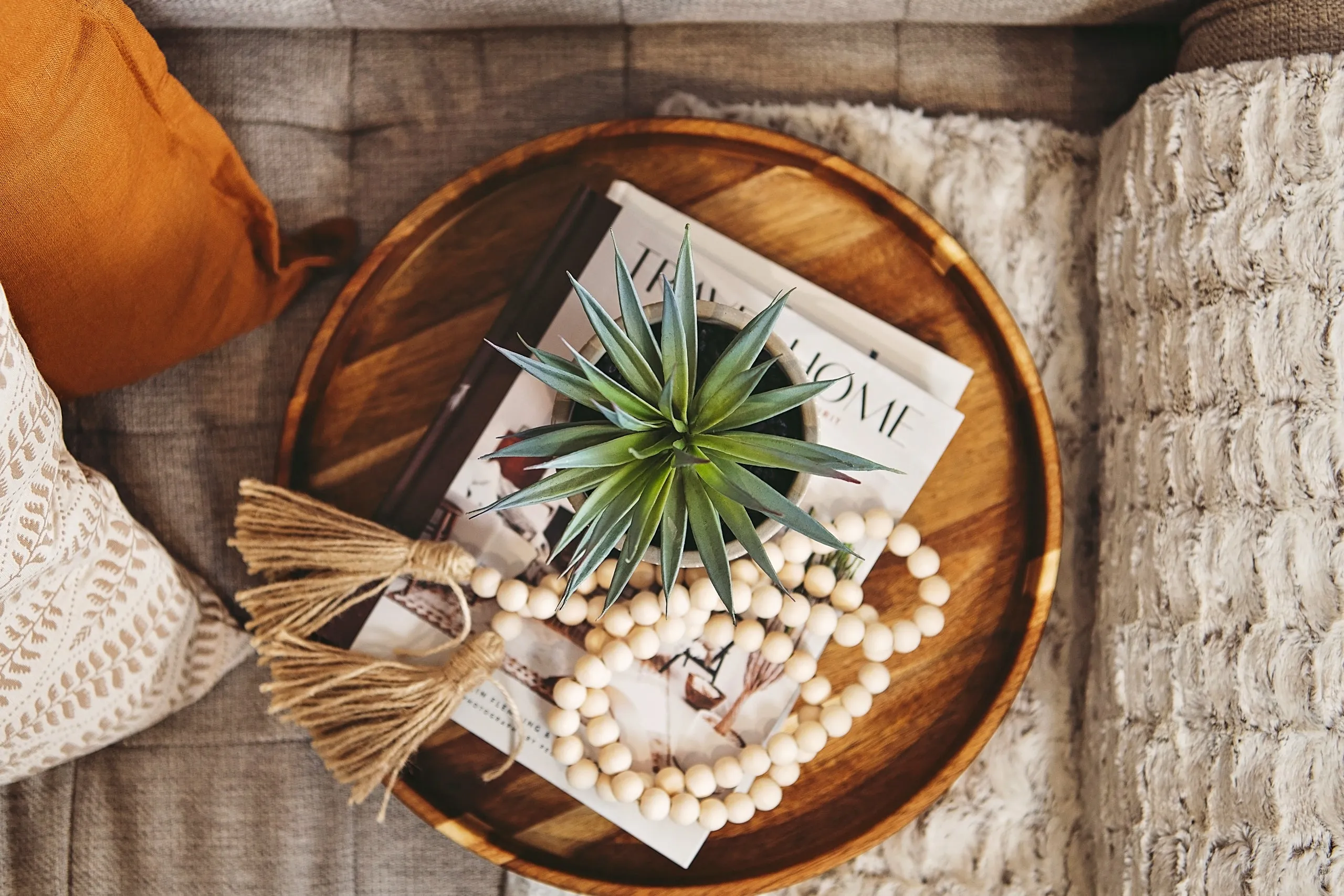 ROUND SERVING TRAY | WOOD OTTOMAN TRAY - 15.75" wide