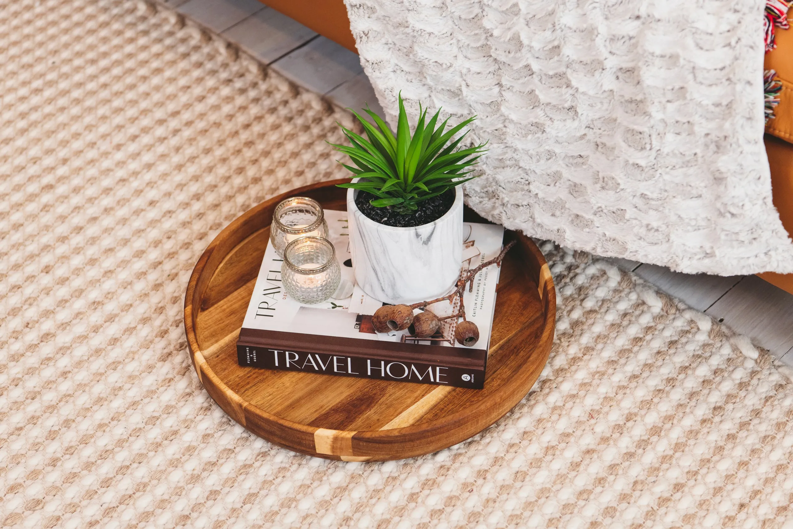 ROUND SERVING TRAY | WOOD OTTOMAN TRAY - 15.75" wide