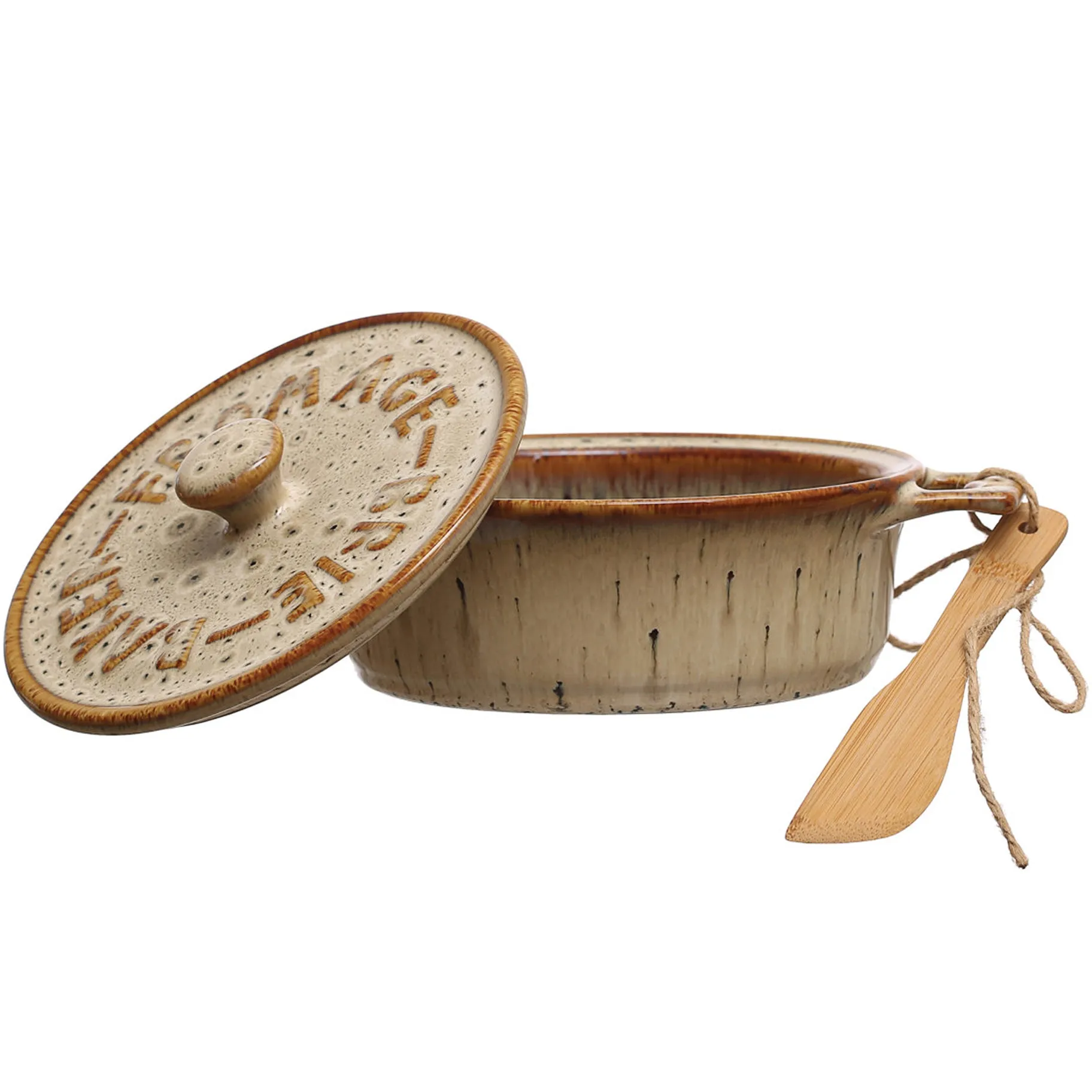 Rustic Stoneware Fromage Brie Cheese Baker With Wood Spreader