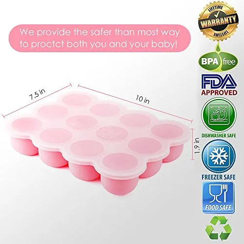 Samuelworld Baby Food Storage Container, 12x2.5oz - 12 Portions Freezer Silicone Tray with Lid Pink