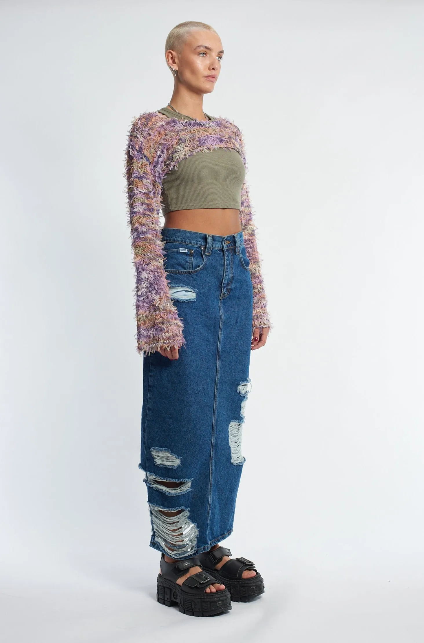 Shredder Distressed Denim Maxi Skirt