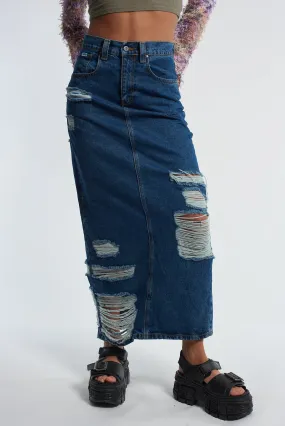 Shredder Distressed Denim Maxi Skirt