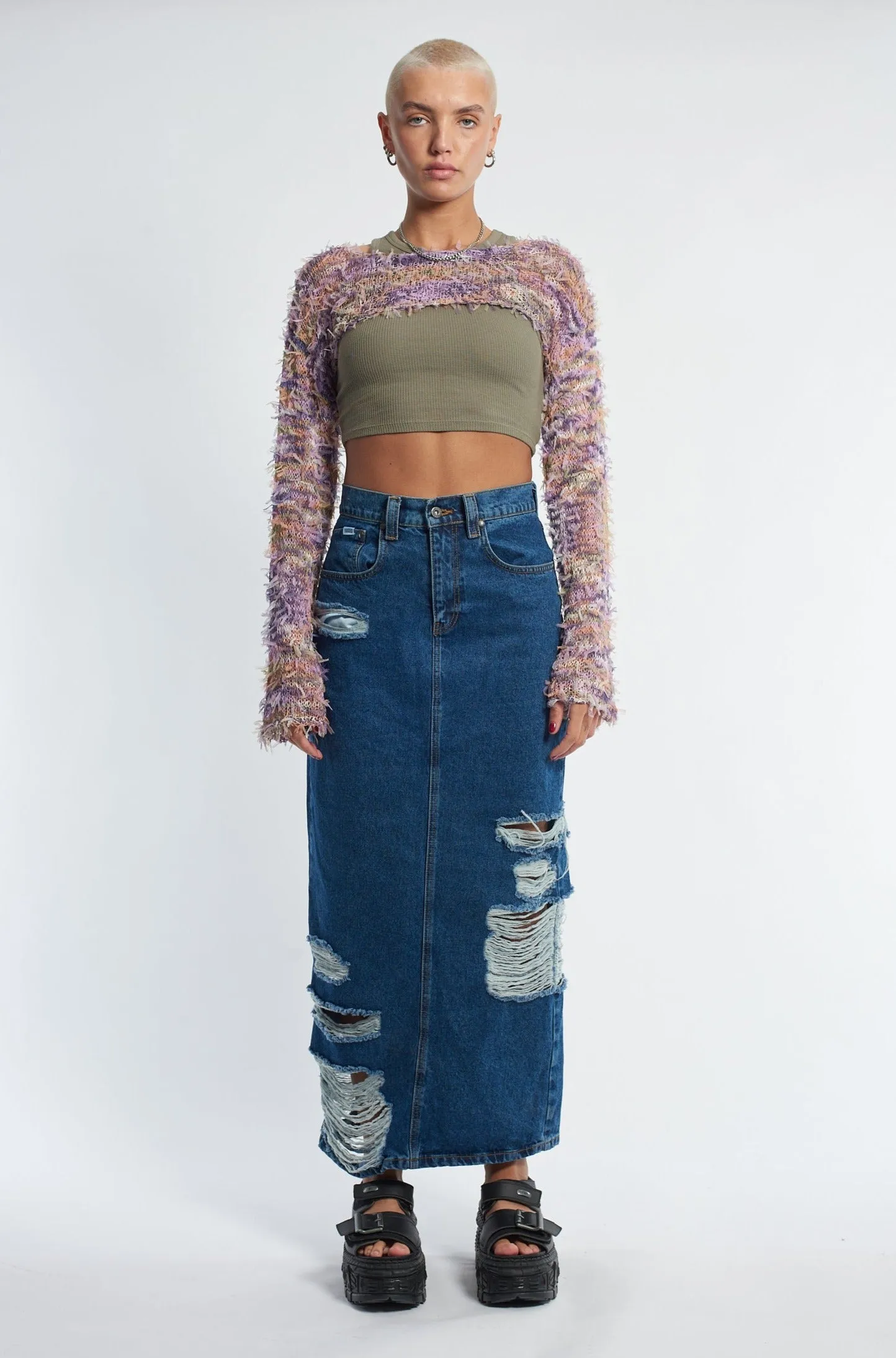 Shredder Distressed Denim Maxi Skirt