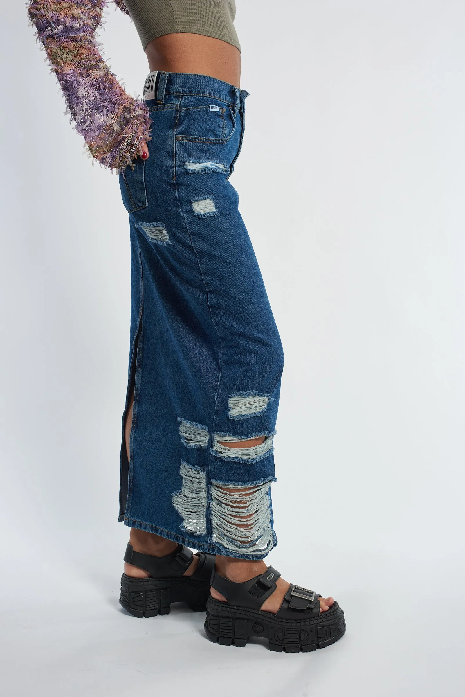 Shredder Distressed Denim Maxi Skirt