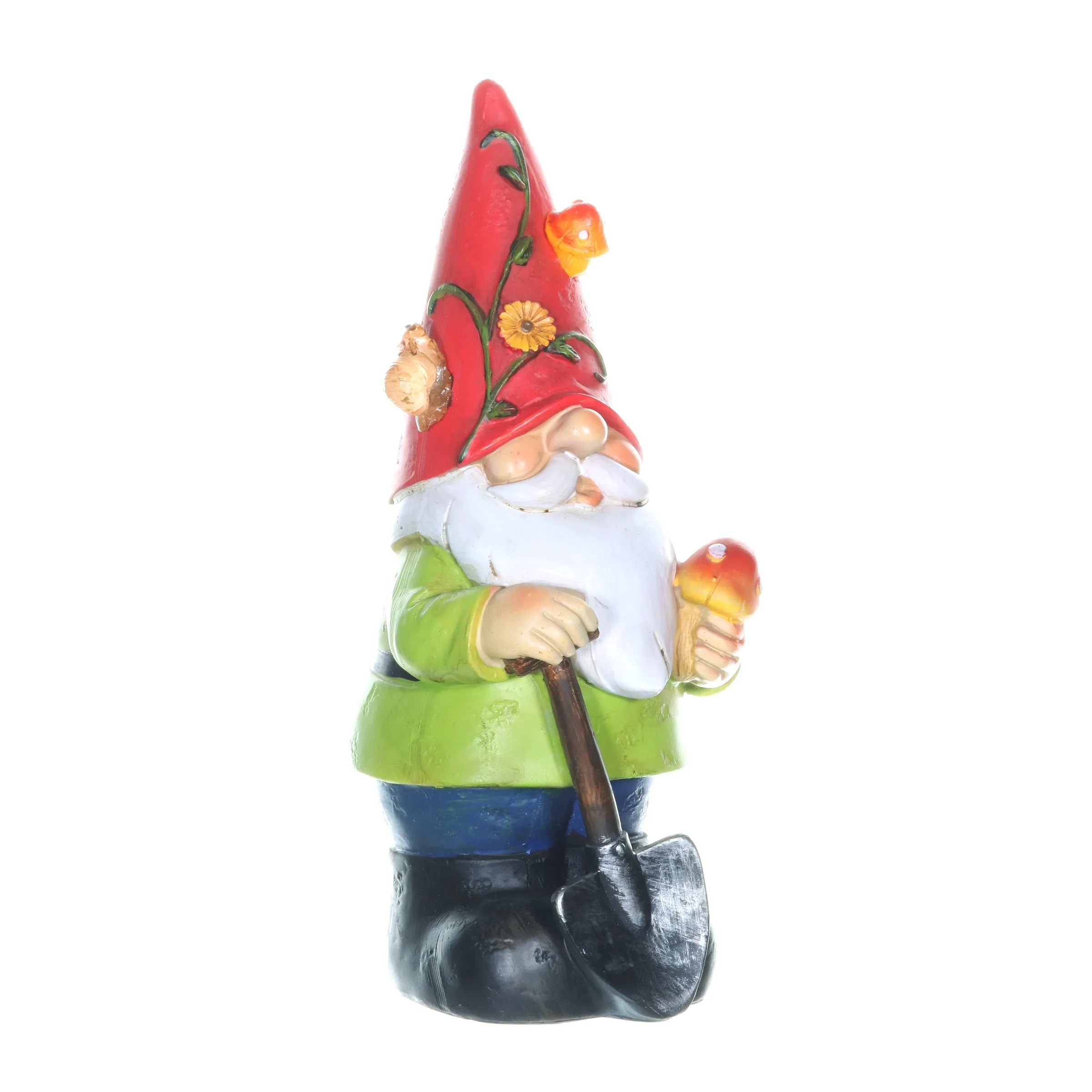 Solar Red Hat Roy Garden Gnome Statue with Shovel, 10 Inch