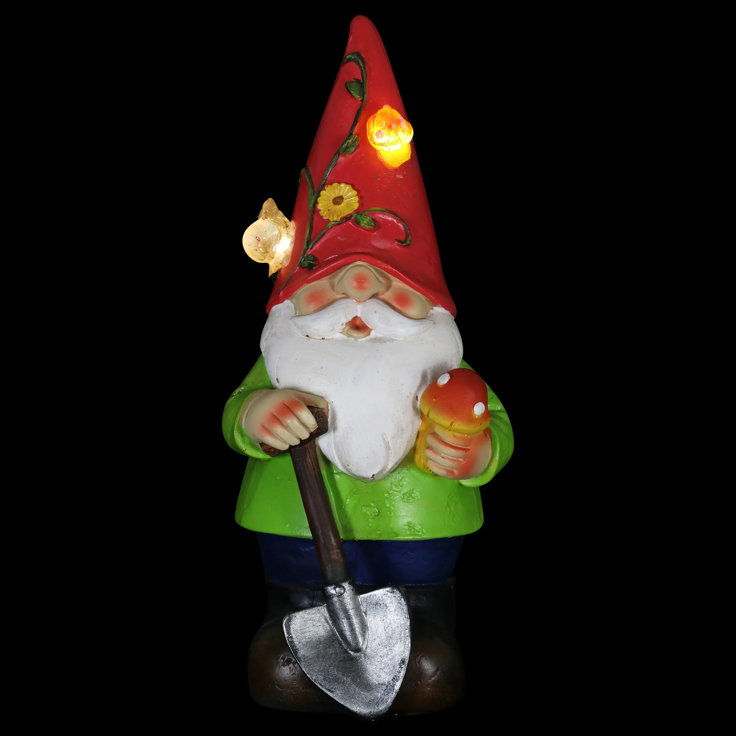 Solar Red Hat Roy Garden Gnome Statue with Shovel, 10 Inch