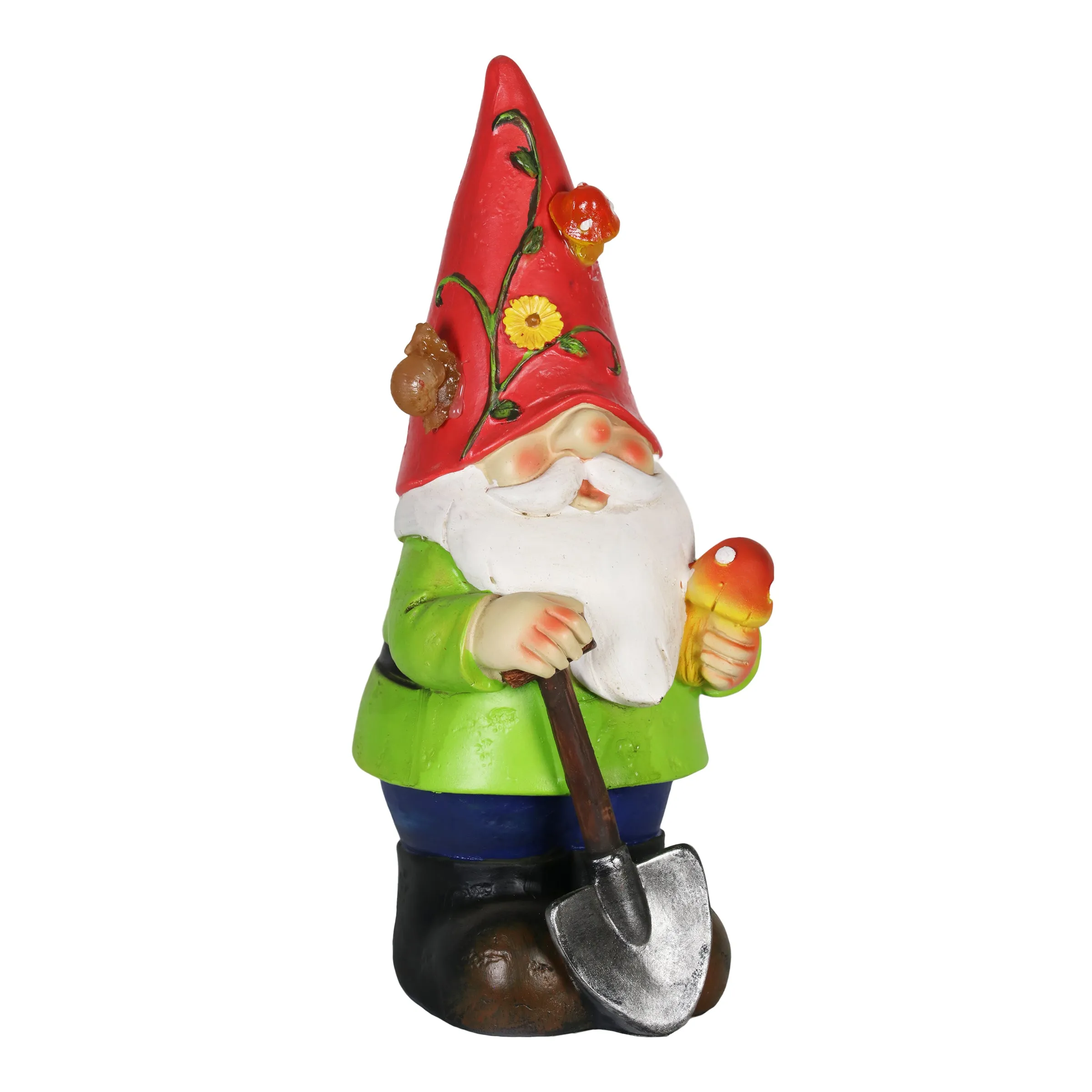 Solar Red Hat Roy Garden Gnome Statue with Shovel, 10 Inch