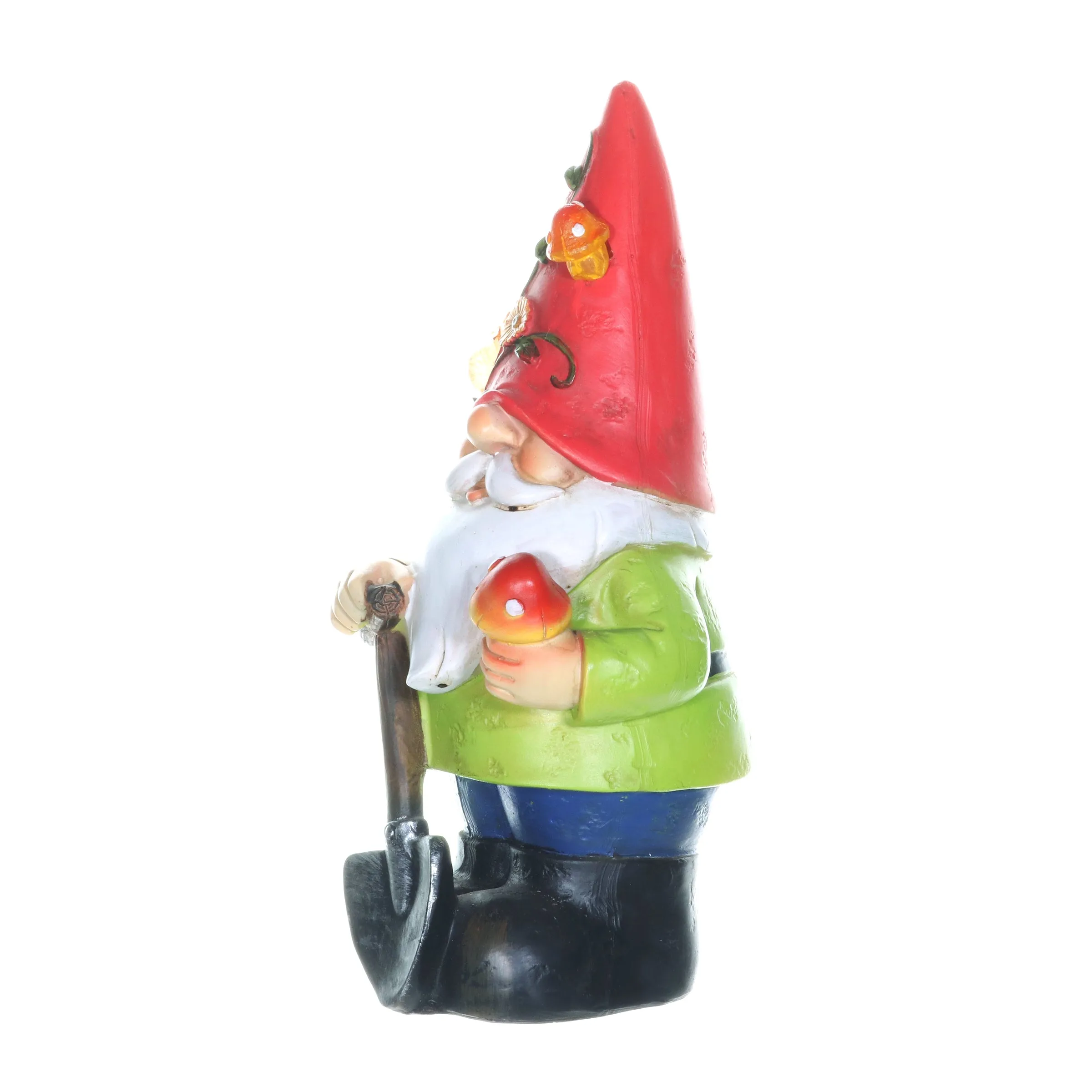 Solar Red Hat Roy Garden Gnome Statue with Shovel, 10 Inch