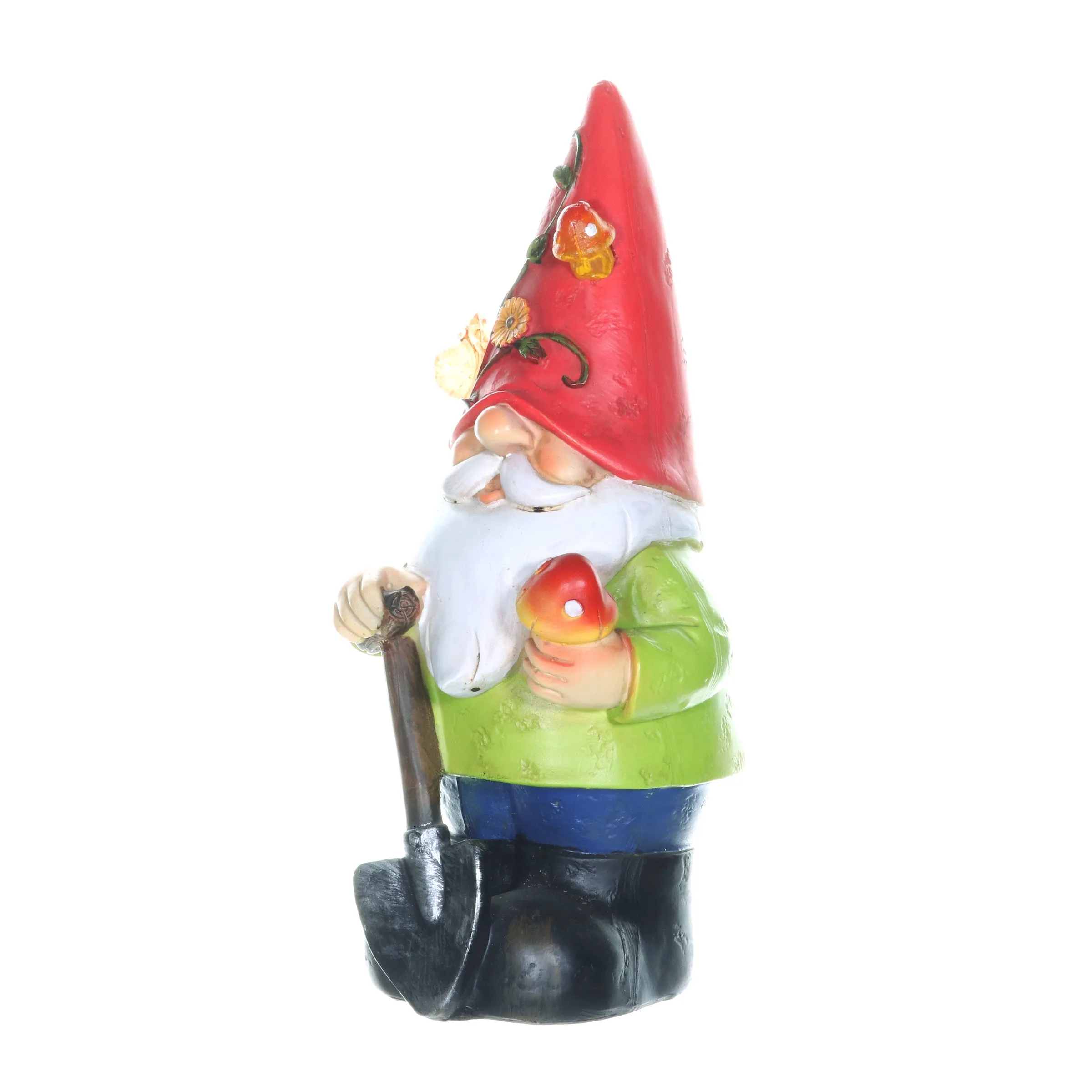 Solar Red Hat Roy Garden Gnome Statue with Shovel, 10 Inch