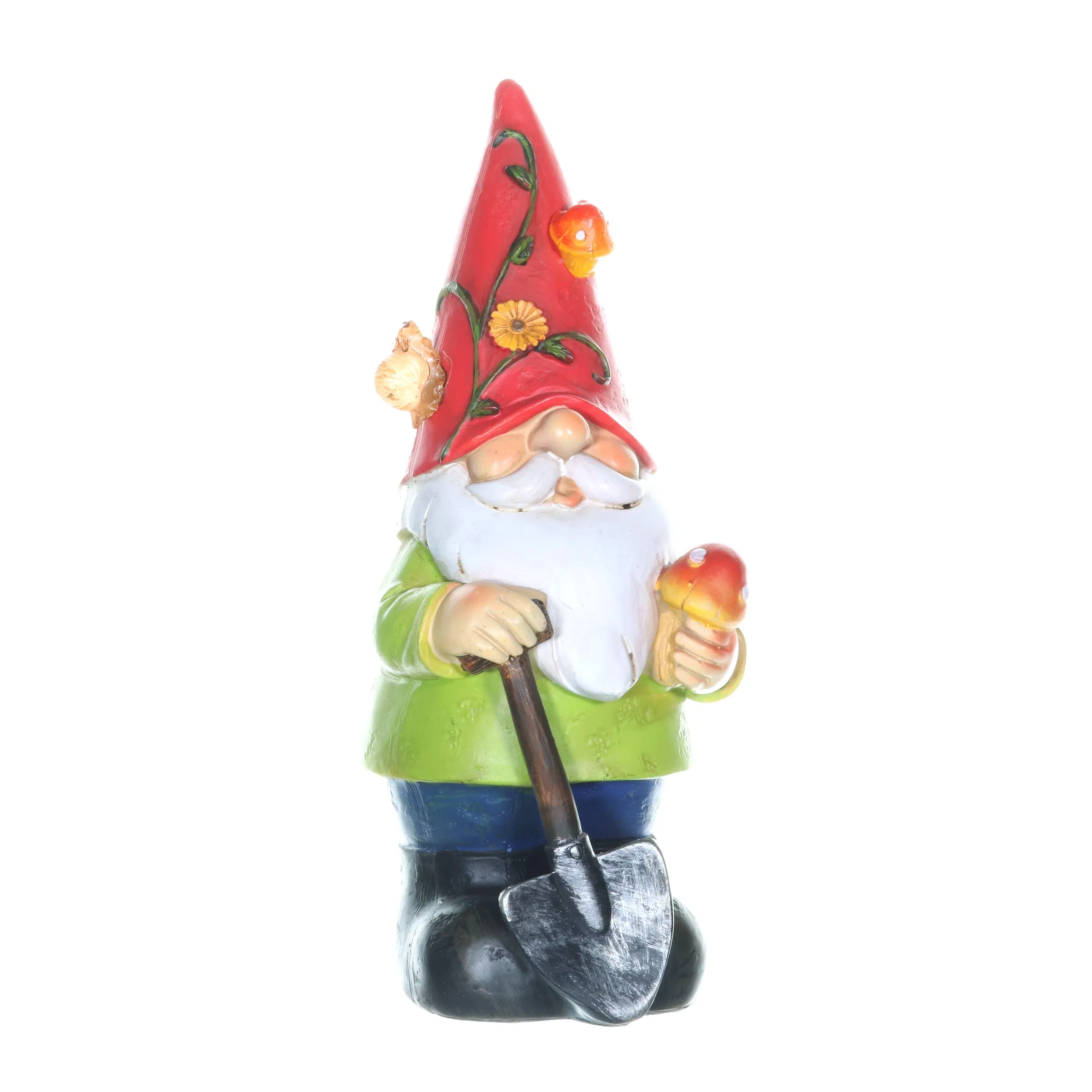 Solar Red Hat Roy Garden Gnome Statue with Shovel, 10 Inch