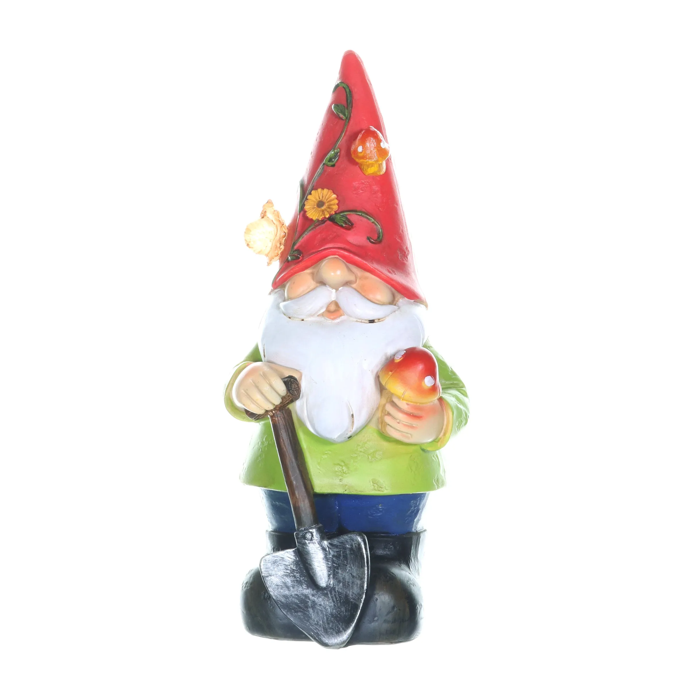 Solar Red Hat Roy Garden Gnome Statue with Shovel, 10 Inch