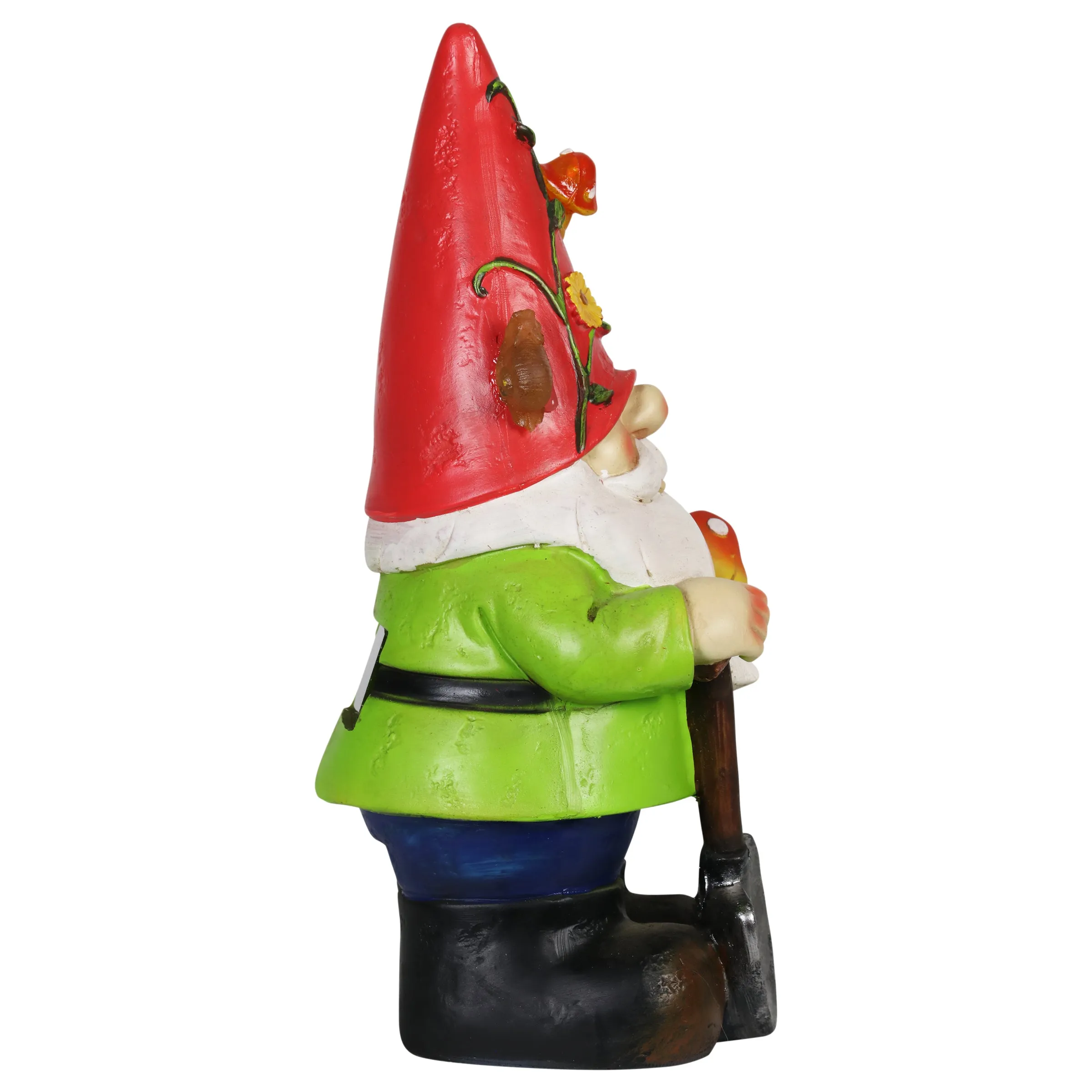 Solar Red Hat Roy Garden Gnome Statue with Shovel, 10 Inch