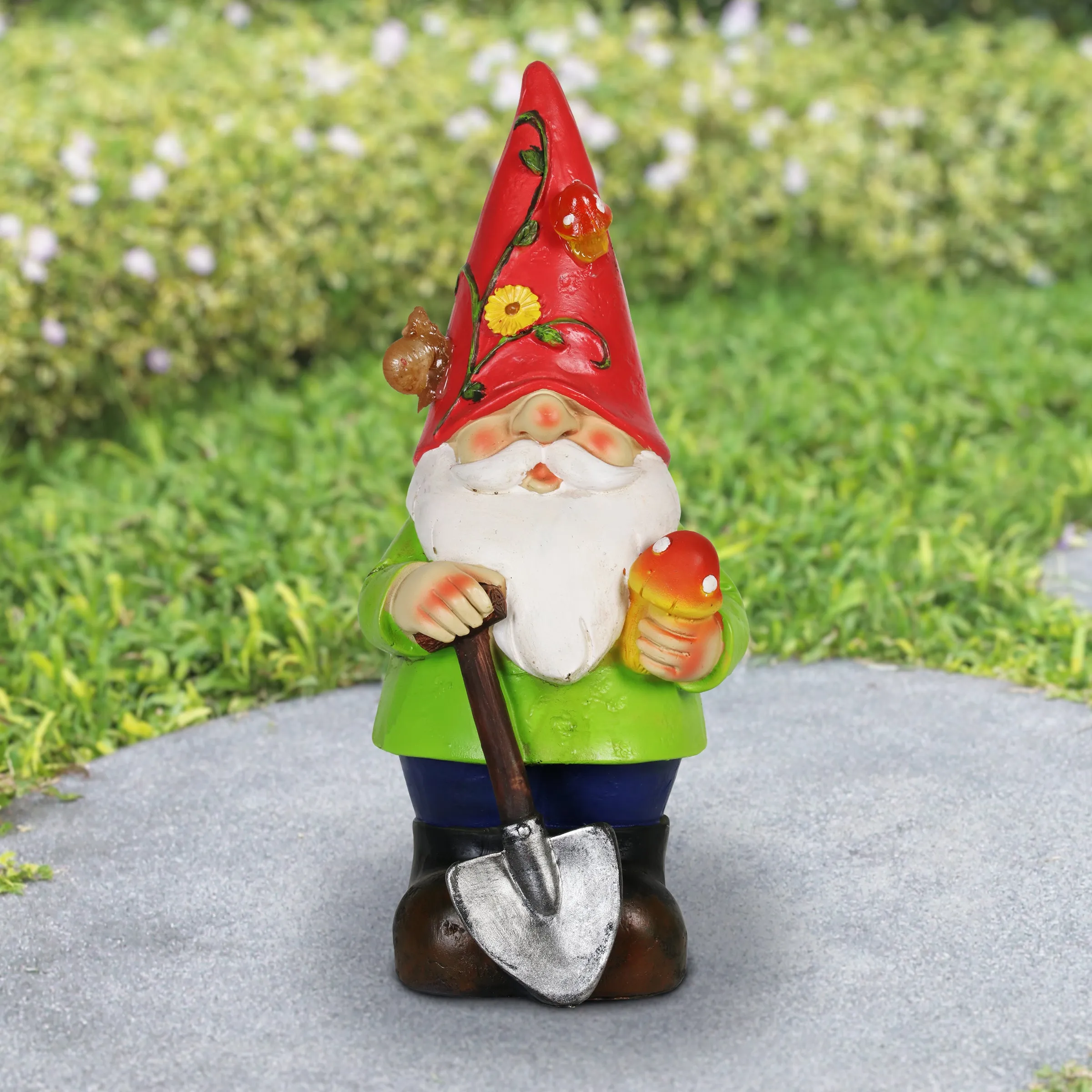 Solar Red Hat Roy Garden Gnome Statue with Shovel, 10 Inch