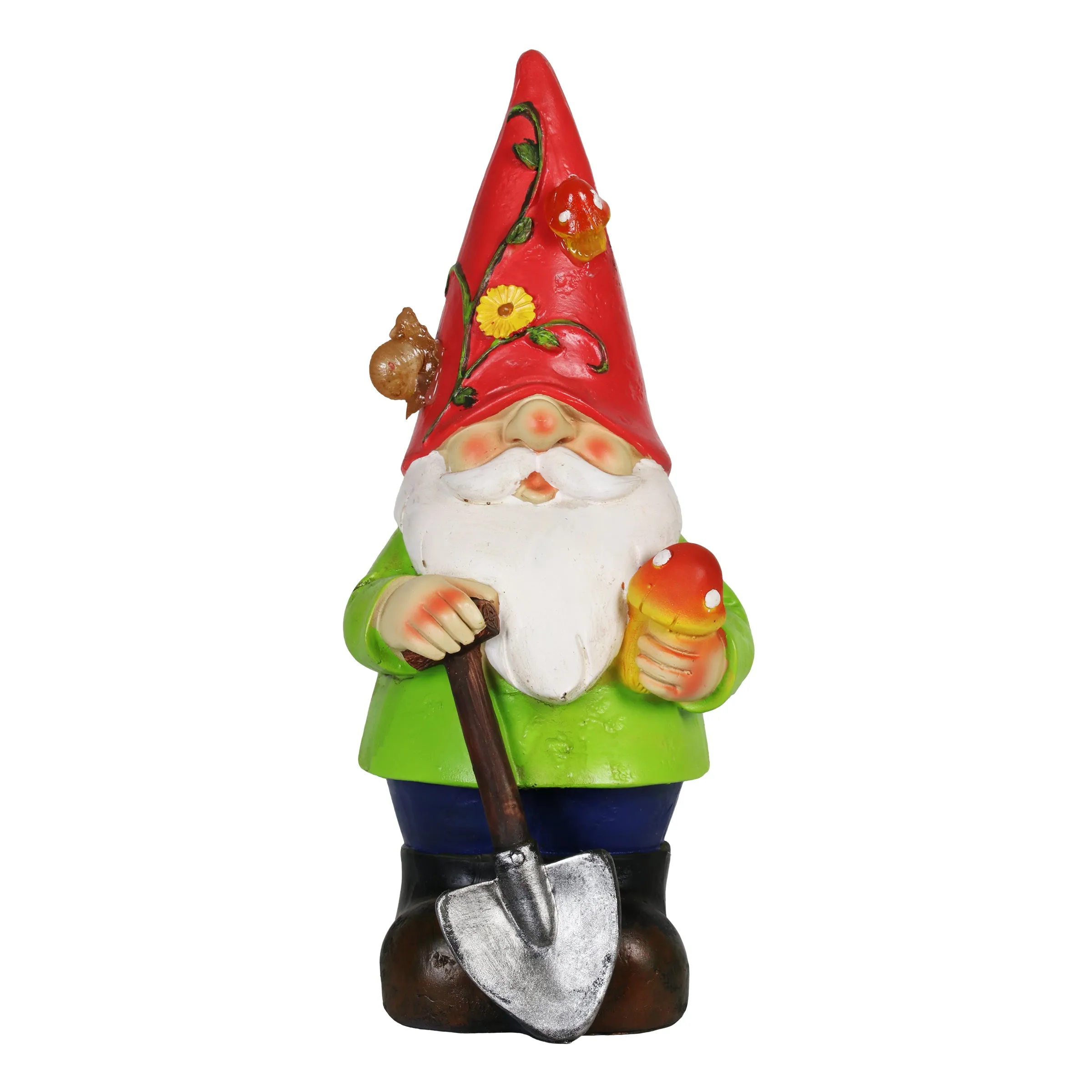 Solar Red Hat Roy Garden Gnome Statue with Shovel, 10 Inch