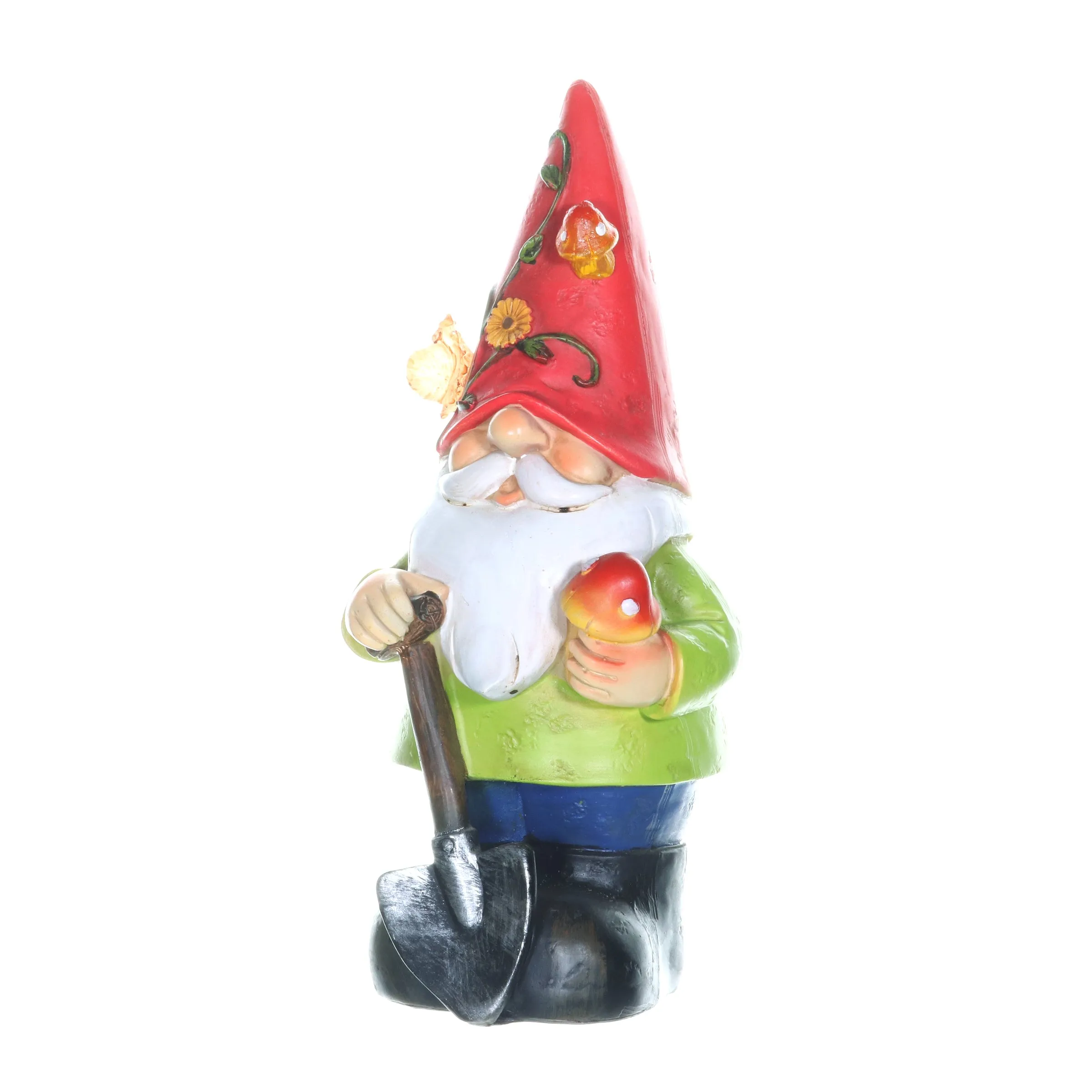 Solar Red Hat Roy Garden Gnome Statue with Shovel, 10 Inch