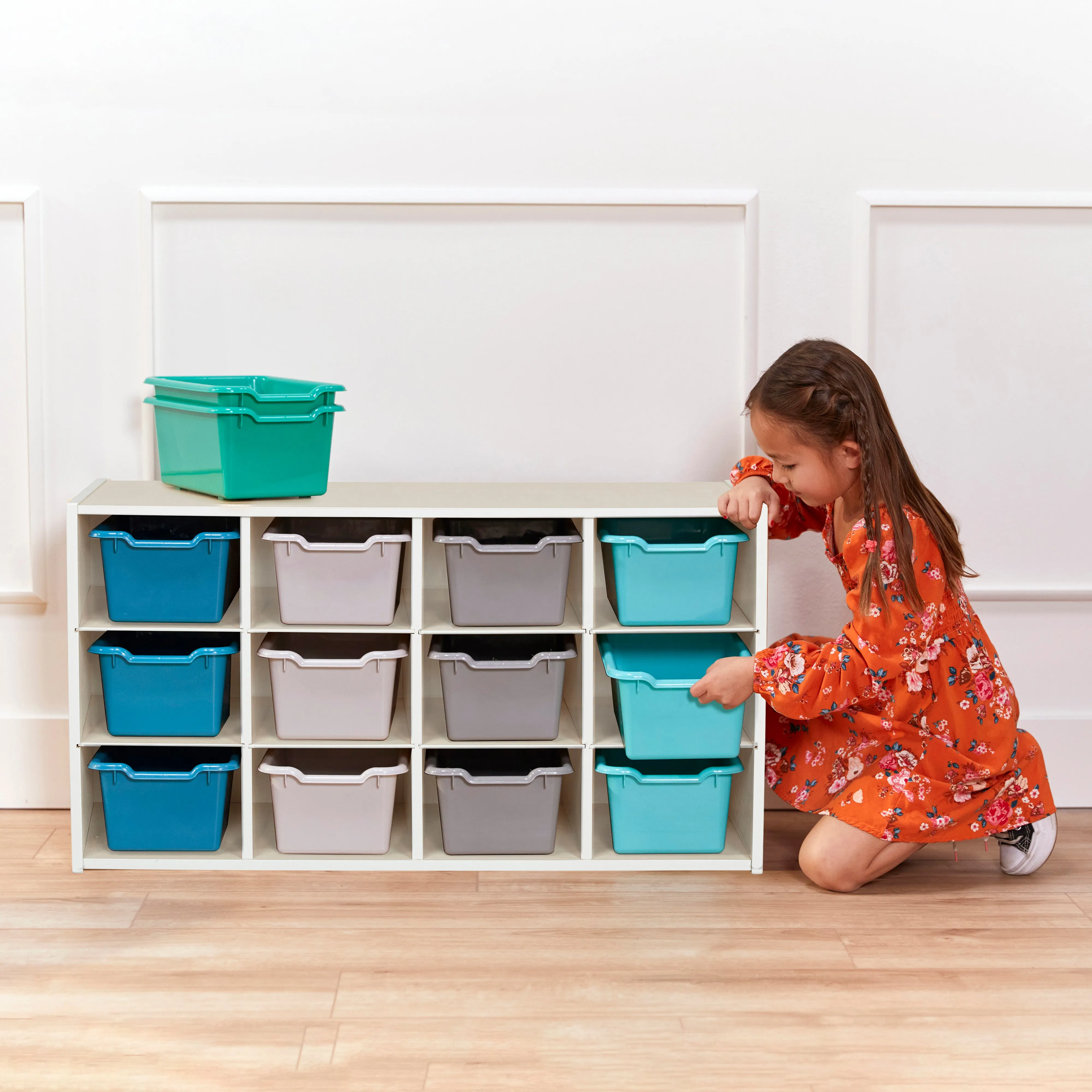 Streamline 12 Cubby Tray Cabinet with Scoop Front Storage Bins, 3x4, White Wash, Classroom Furniture