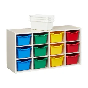 Streamline 12 Cubby Tray Cabinet with Scoop Front Storage Bins, 3x4, White Wash, Classroom Furniture