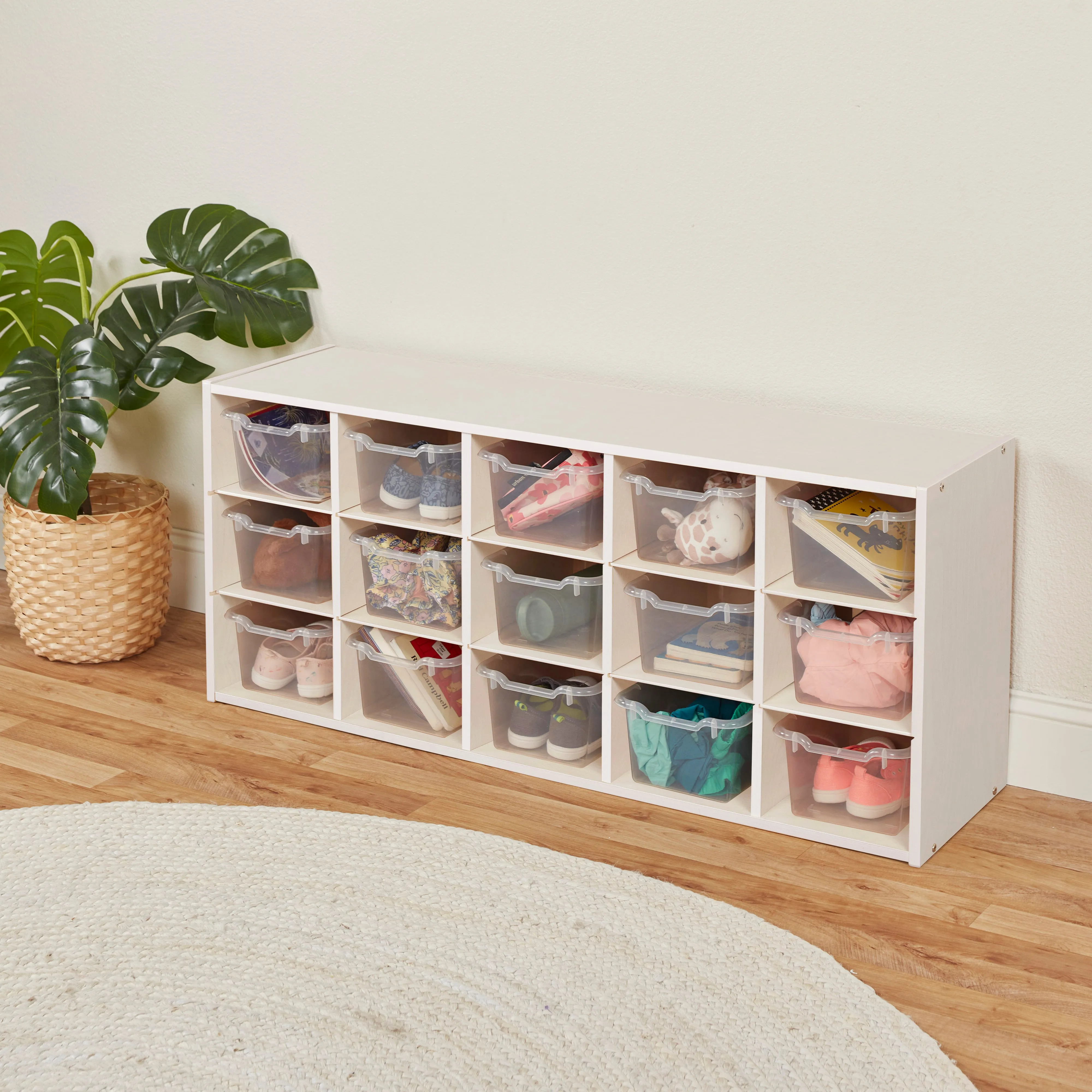 Streamline 15 Cubby Tray Cabinet with Scoop Front Storage Bins, 3x5, White Wash, Classroom Furniture