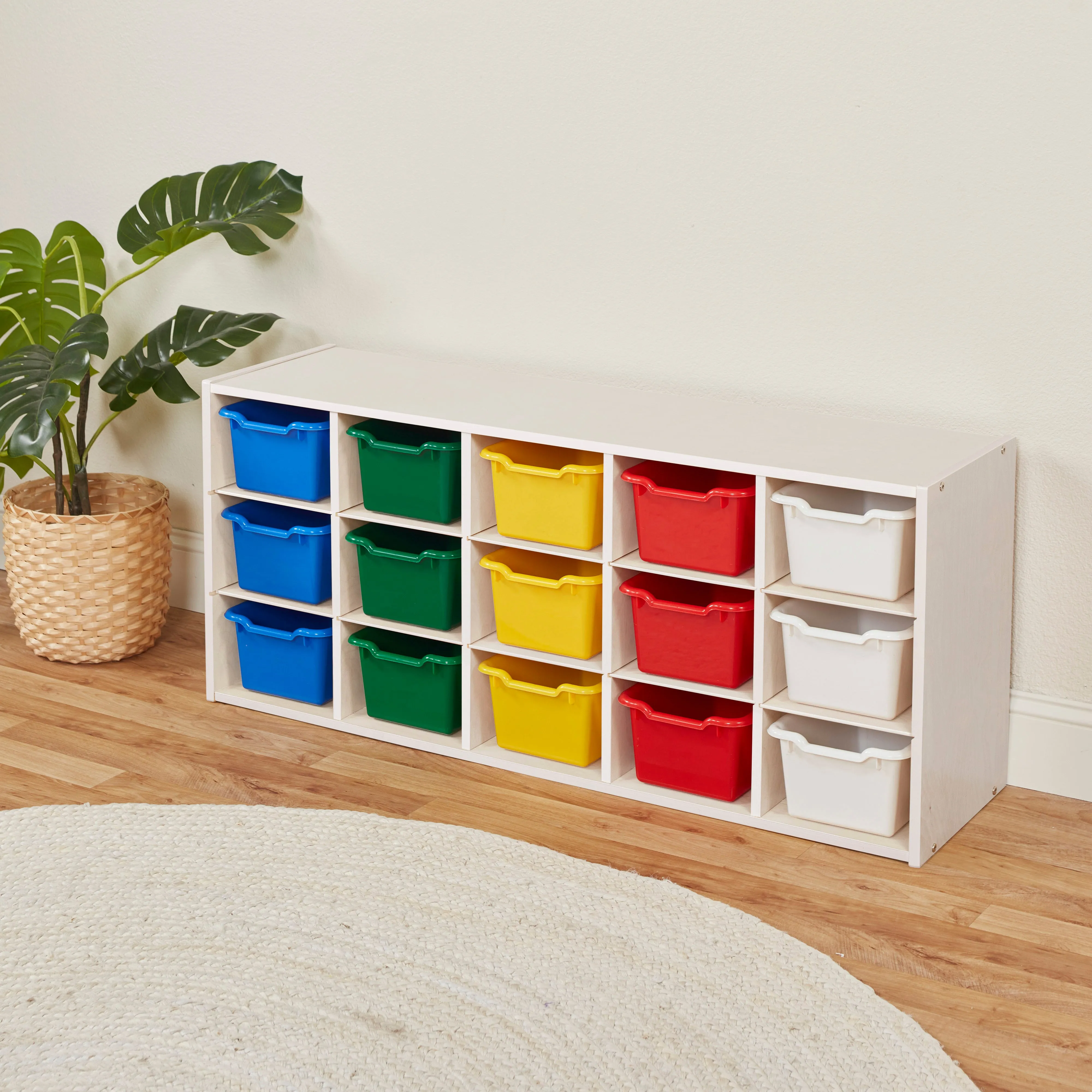 Streamline 15 Cubby Tray Cabinet with Scoop Front Storage Bins, 3x5, White Wash, Classroom Furniture