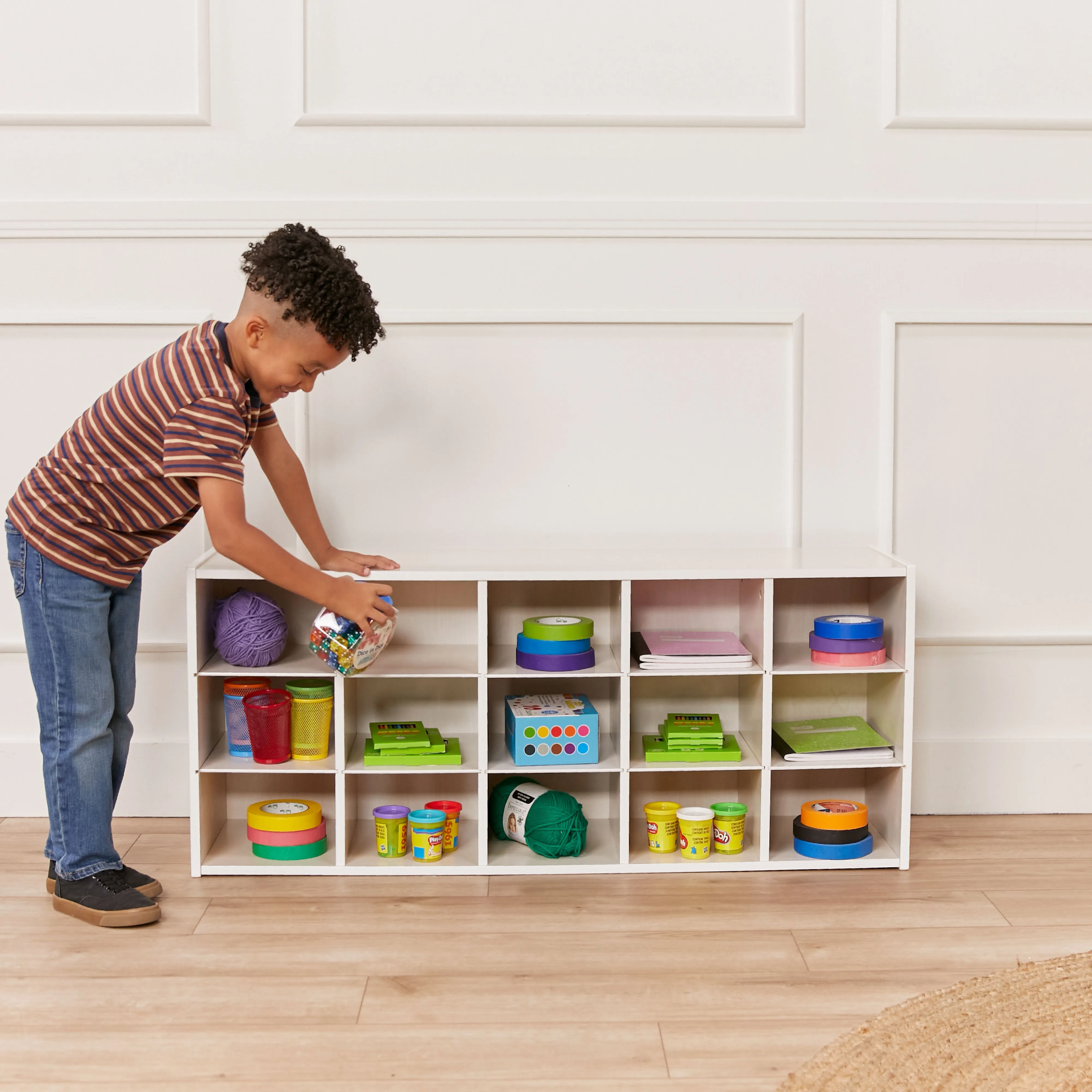 Streamline 15 Cubby Tray Cabinet with Scoop Front Storage Bins, 3x5, White Wash, Classroom Furniture