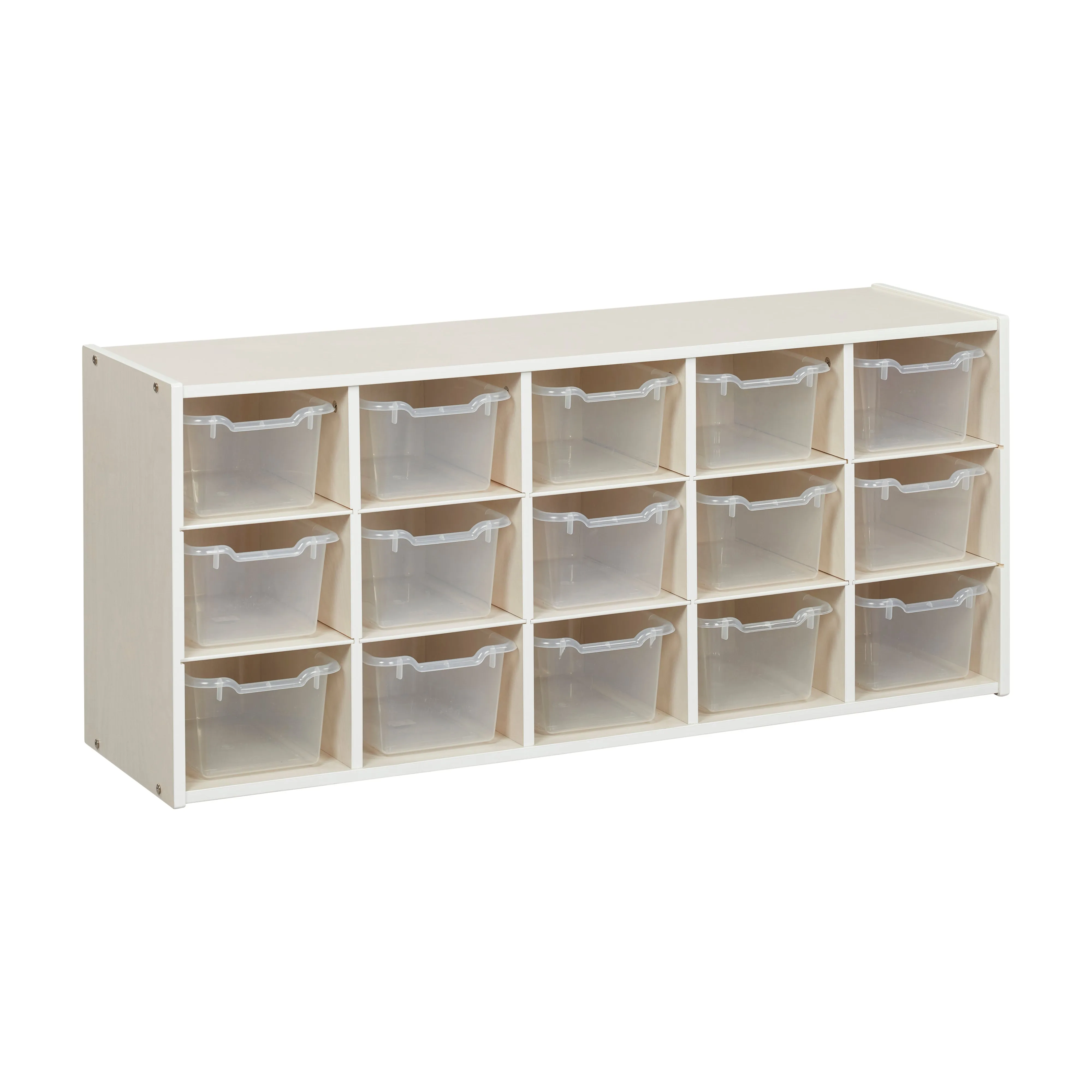 Streamline 15 Cubby Tray Cabinet with Scoop Front Storage Bins, 3x5, White Wash, Classroom Furniture