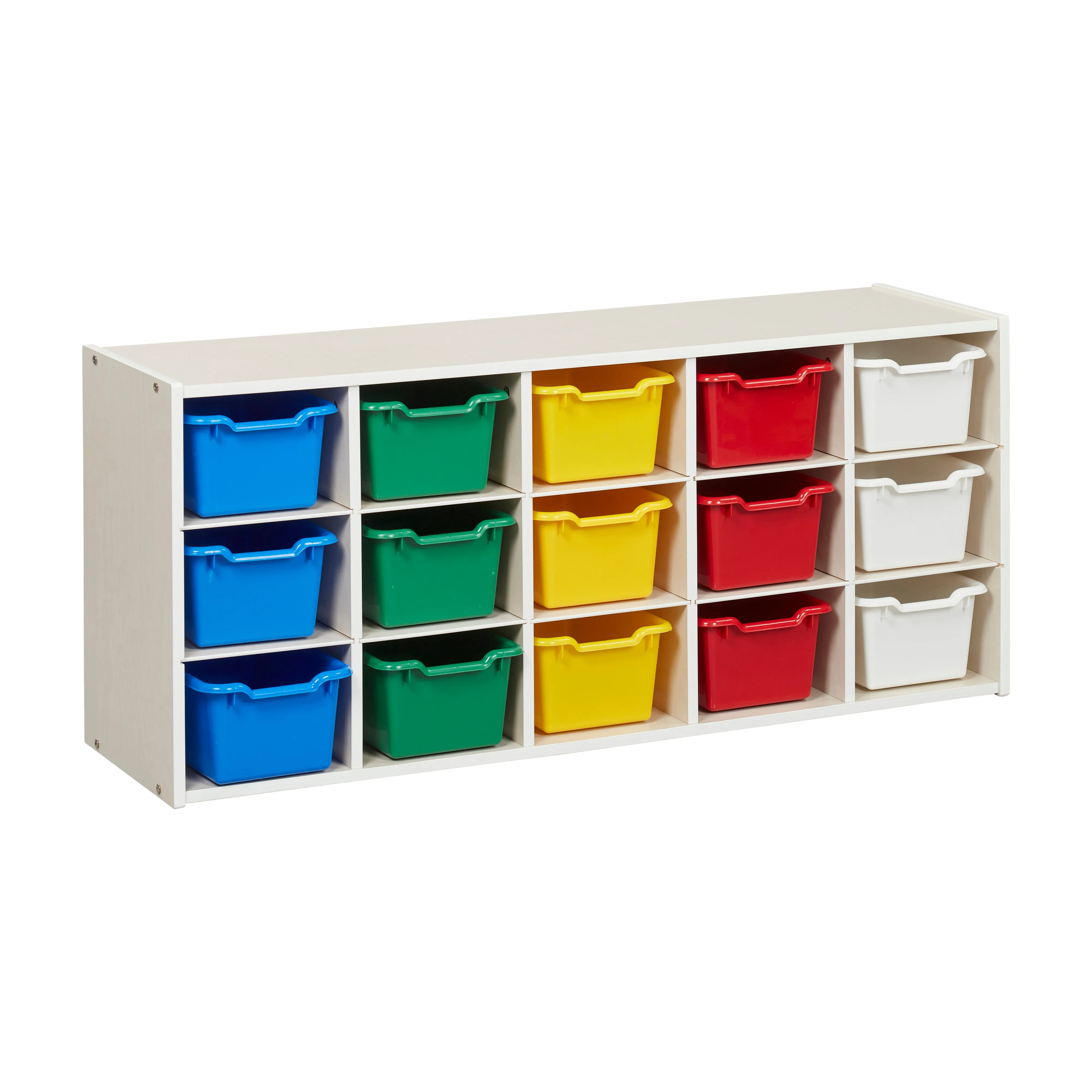 Streamline 15 Cubby Tray Cabinet with Scoop Front Storage Bins, 3x5, White Wash, Classroom Furniture