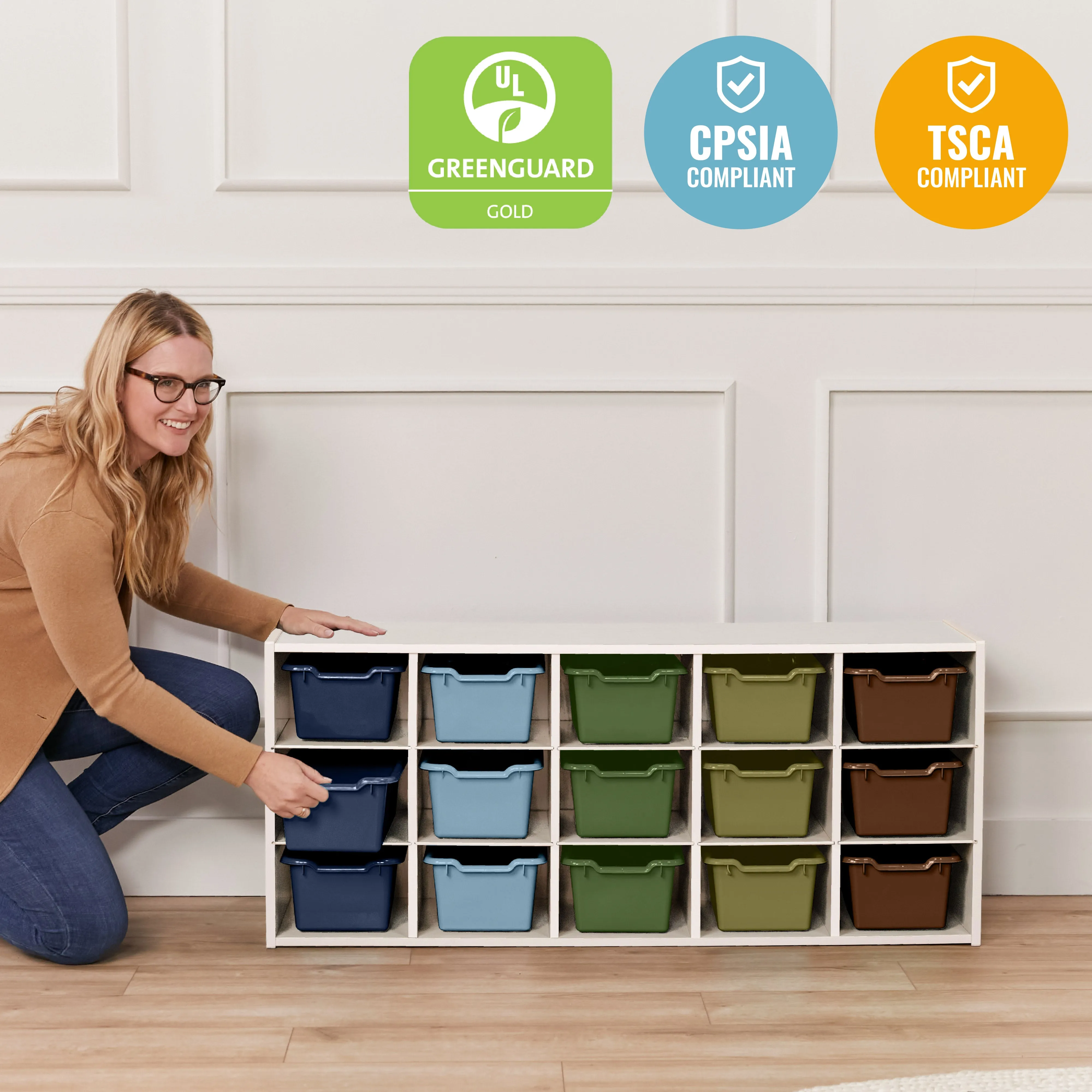 Streamline 15 Cubby Tray Cabinet with Scoop Front Storage Bins, 3x5, White Wash, Classroom Furniture