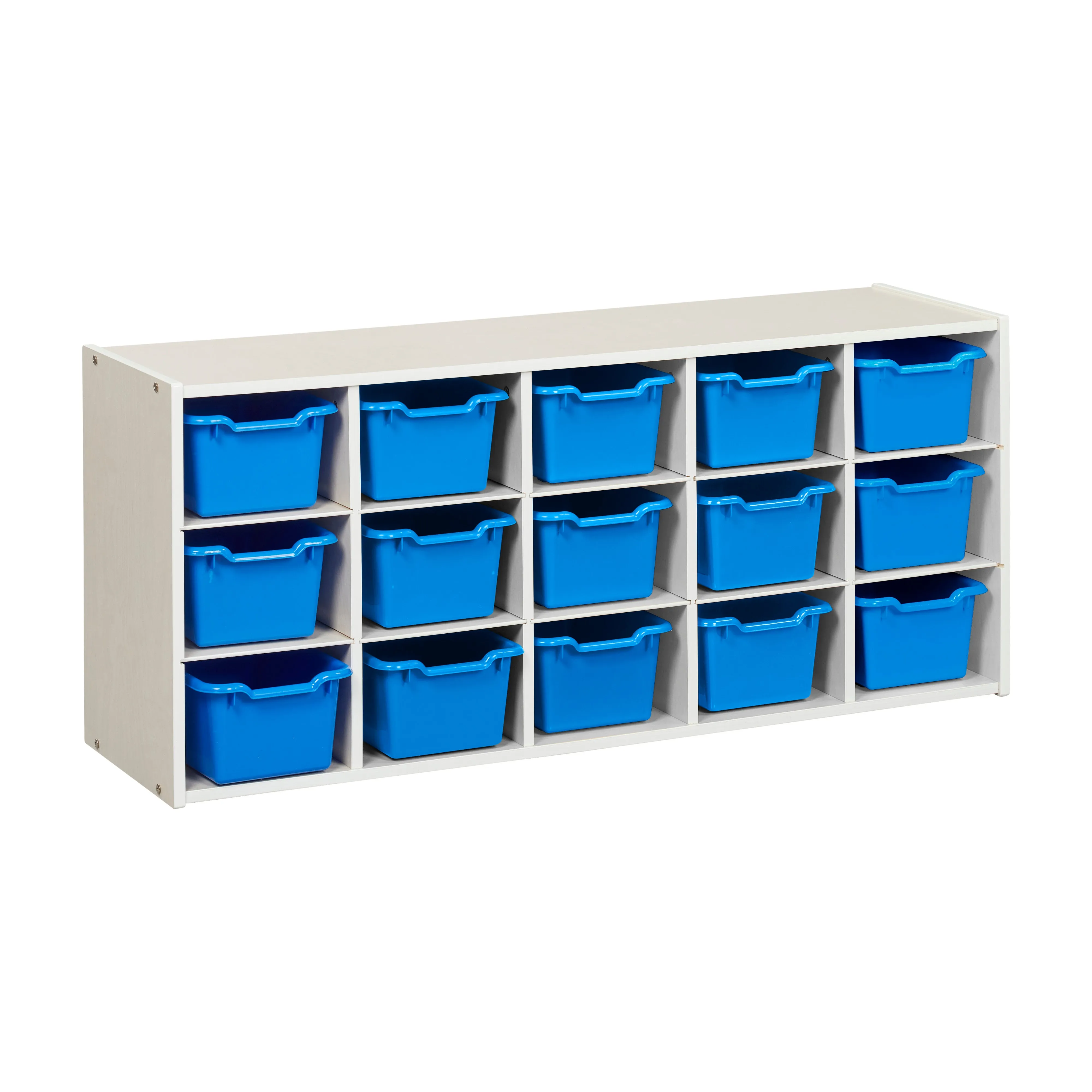 Streamline 15 Cubby Tray Cabinet with Scoop Front Storage Bins, 3x5, White Wash, Classroom Furniture