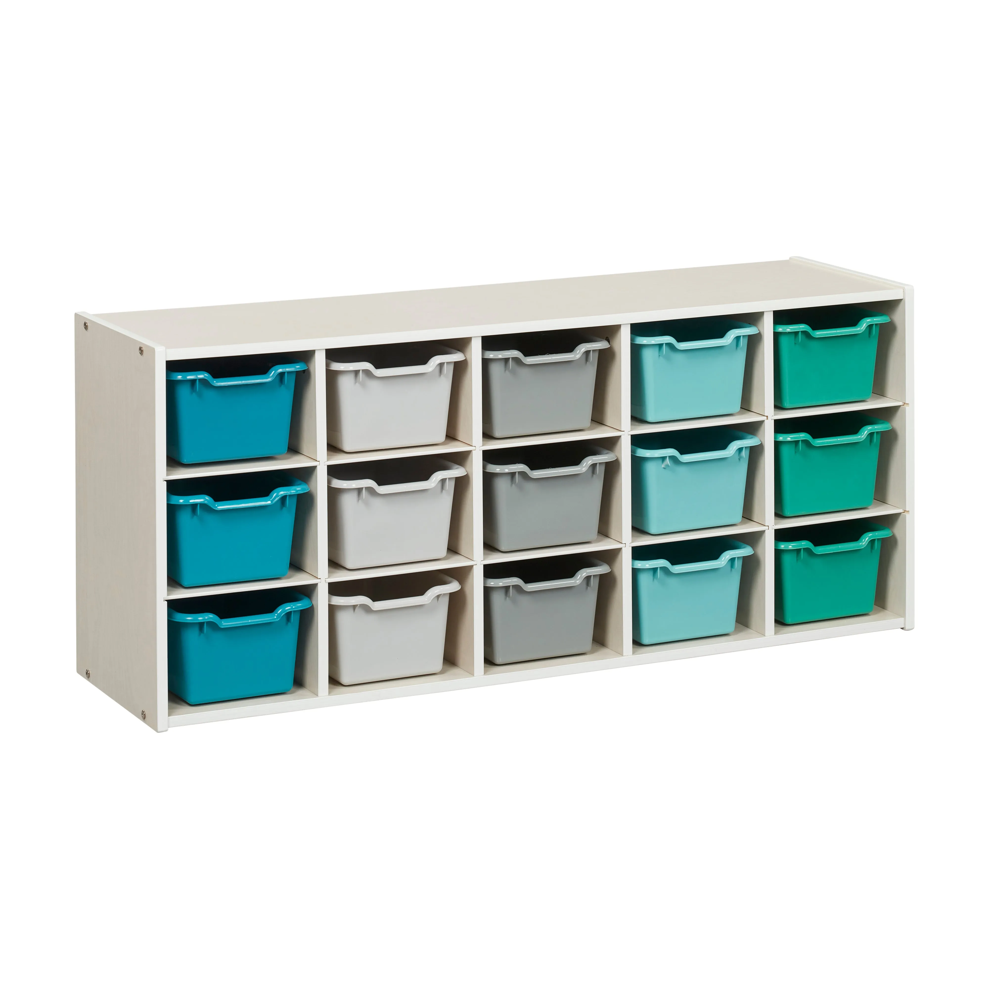 Streamline 15 Cubby Tray Cabinet with Scoop Front Storage Bins, 3x5, White Wash, Classroom Furniture