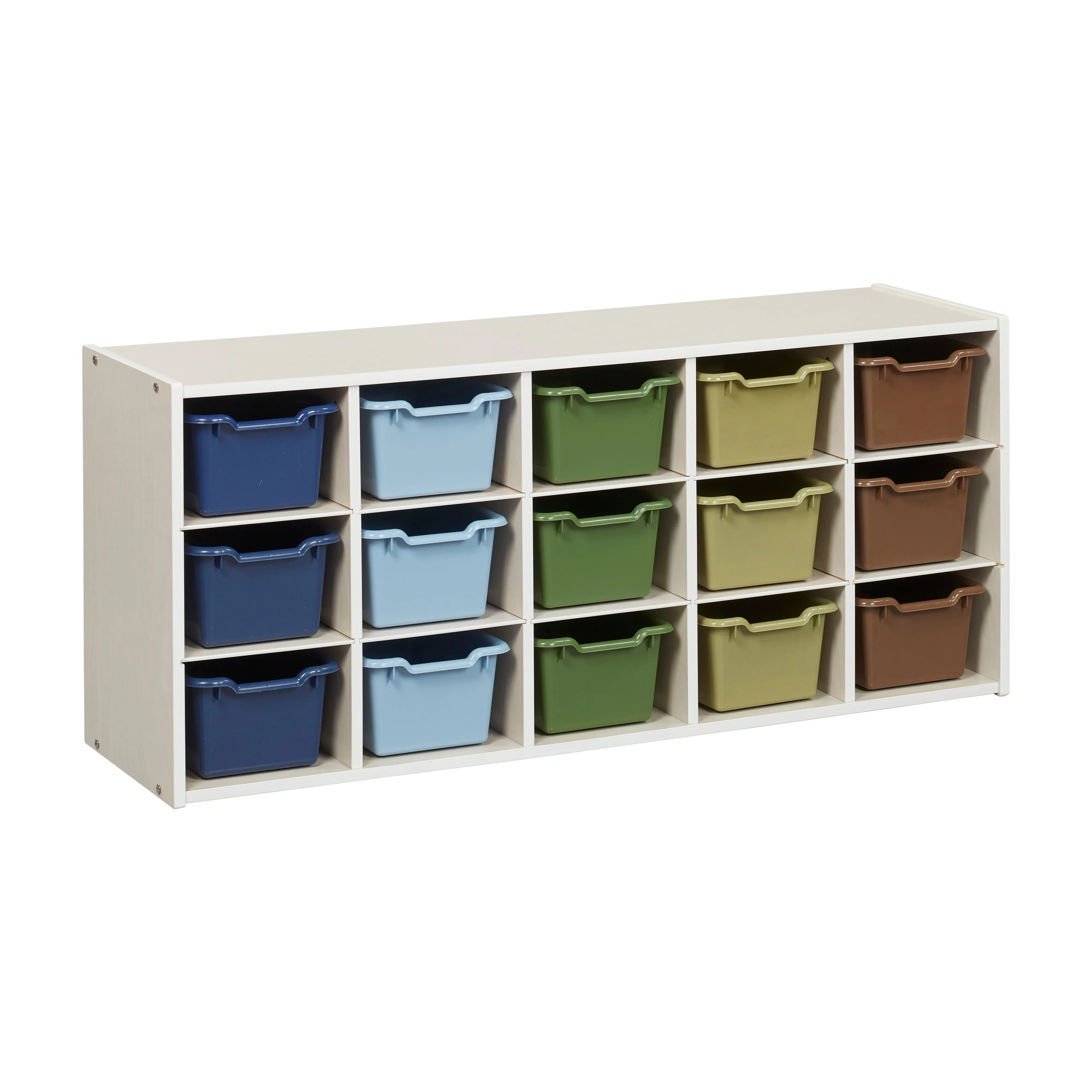 Streamline 15 Cubby Tray Cabinet with Scoop Front Storage Bins, 3x5, White Wash, Classroom Furniture