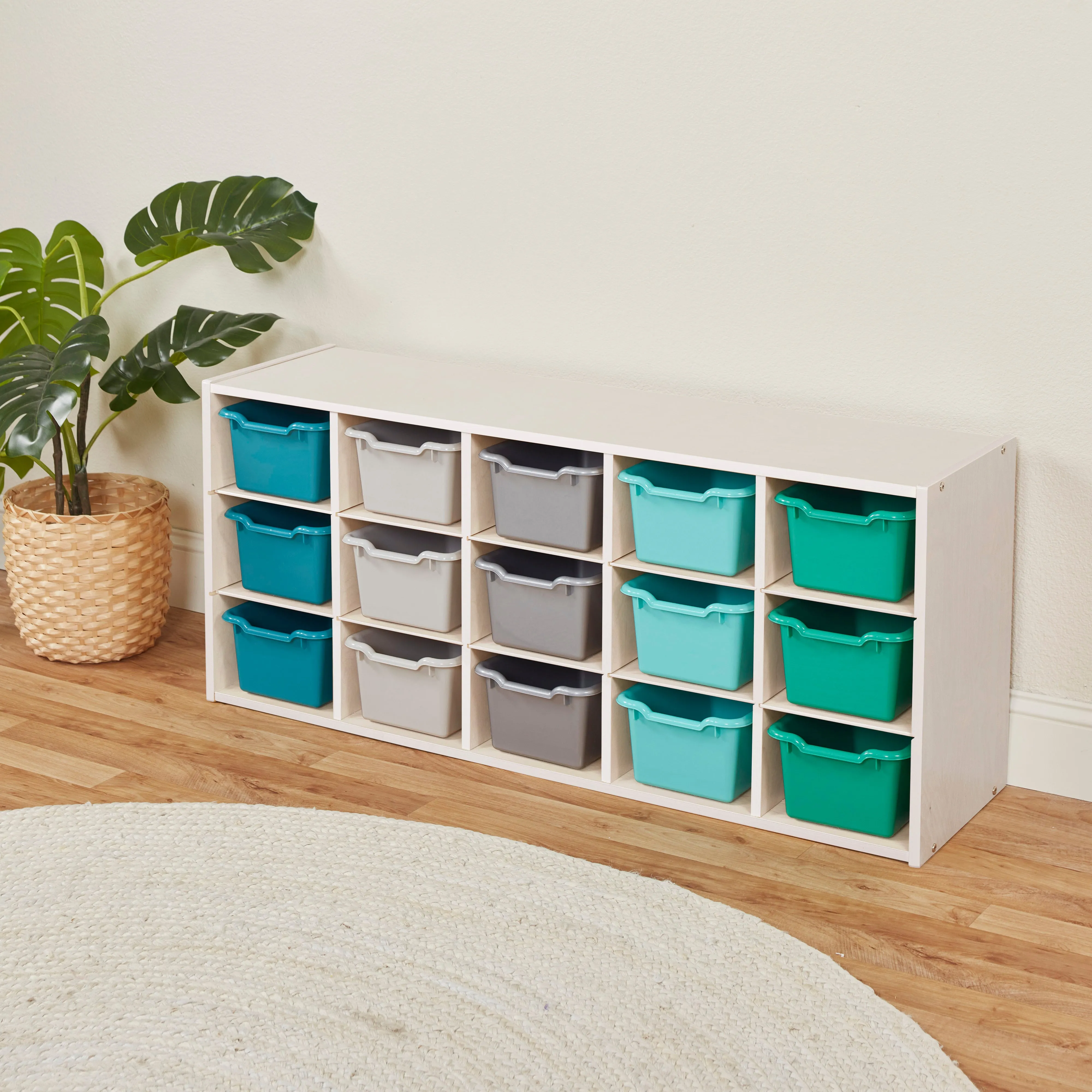 Streamline 15 Cubby Tray Cabinet with Scoop Front Storage Bins, 3x5, White Wash, Classroom Furniture